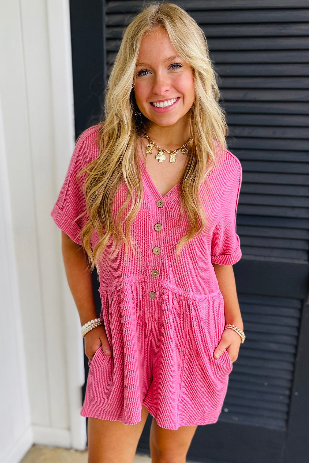 Bright Pink Spiral Ribbed Short Sleeve V Neck Buttoned Romper with Pocket-Bottoms/Jumpsuits & Rompers-[Adult]-[Female]-2022 Online Blue Zone Planet