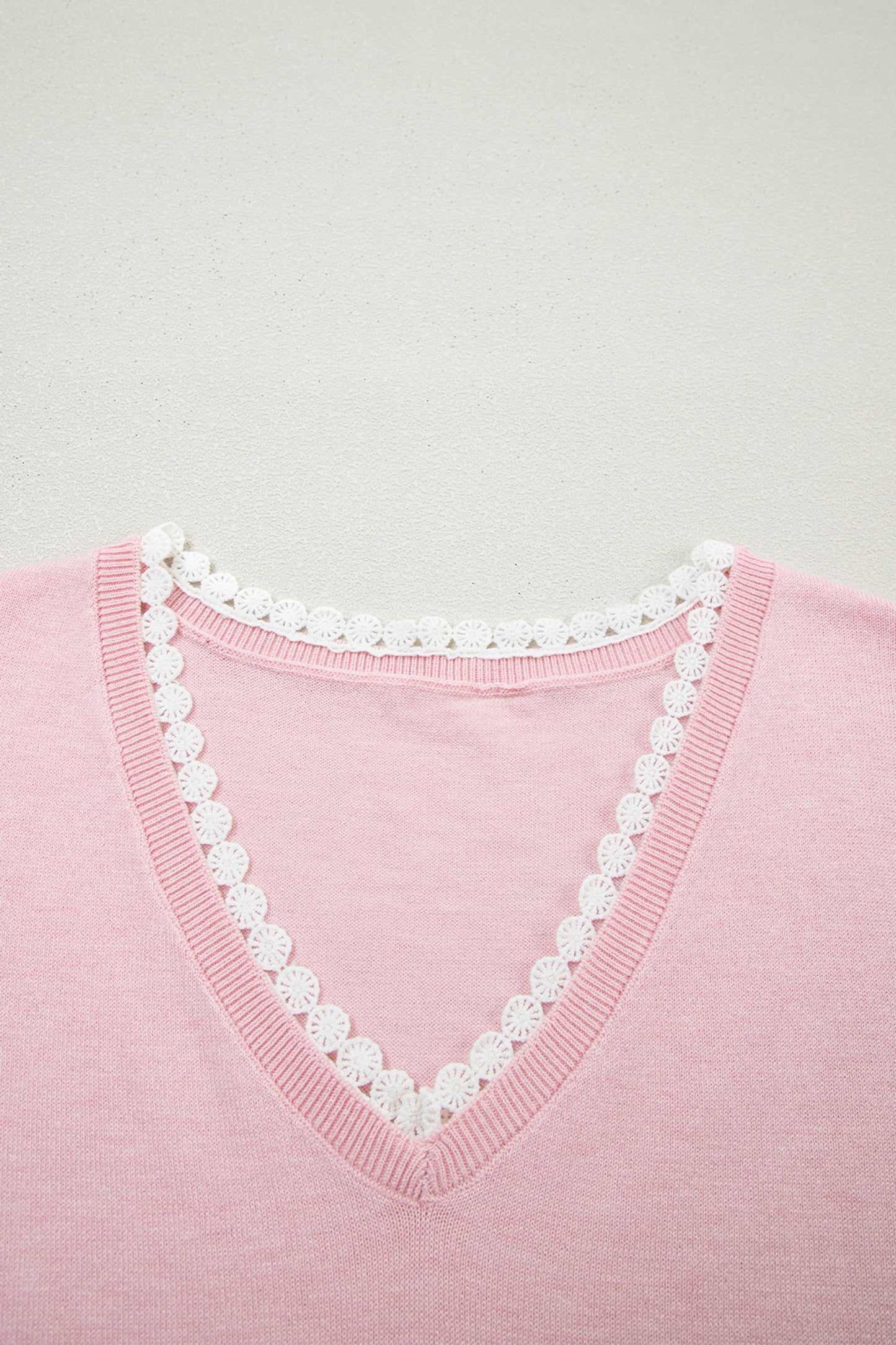 Strawberry Pink Lacy V Neckline Short Sleeve Sweater-TOPS / DRESSES-[Adult]-[Female]-2022 Online Blue Zone Planet