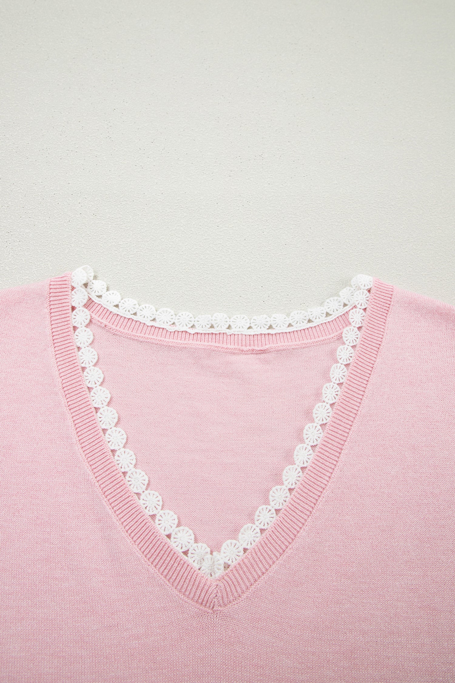 Strawberry Pink Lacy V Neckline Short Sleeve Sweater-TOPS / DRESSES-[Adult]-[Female]-2022 Online Blue Zone Planet