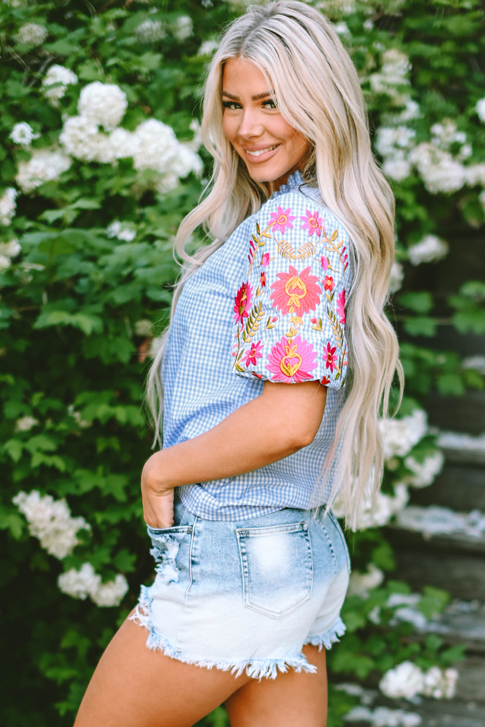 Light Blue Gingham Floral Embroidered Puff Sleeve Blouse-Tops/Blouses & Shirts-[Adult]-[Female]-2022 Online Blue Zone Planet