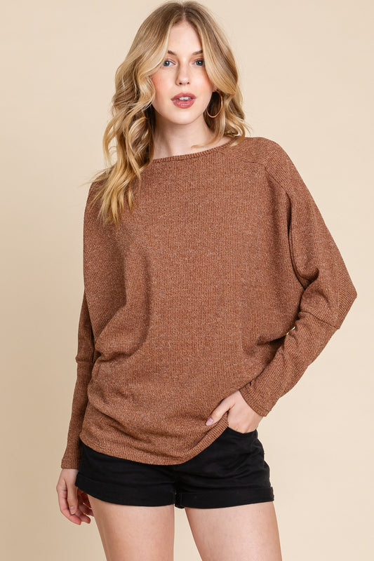 BOMBOM Drop Shoulder Long Sleeve Knit Top-TOPS / DRESSES-[Adult]-[Female]-Camel-S-2022 Online Blue Zone Planet