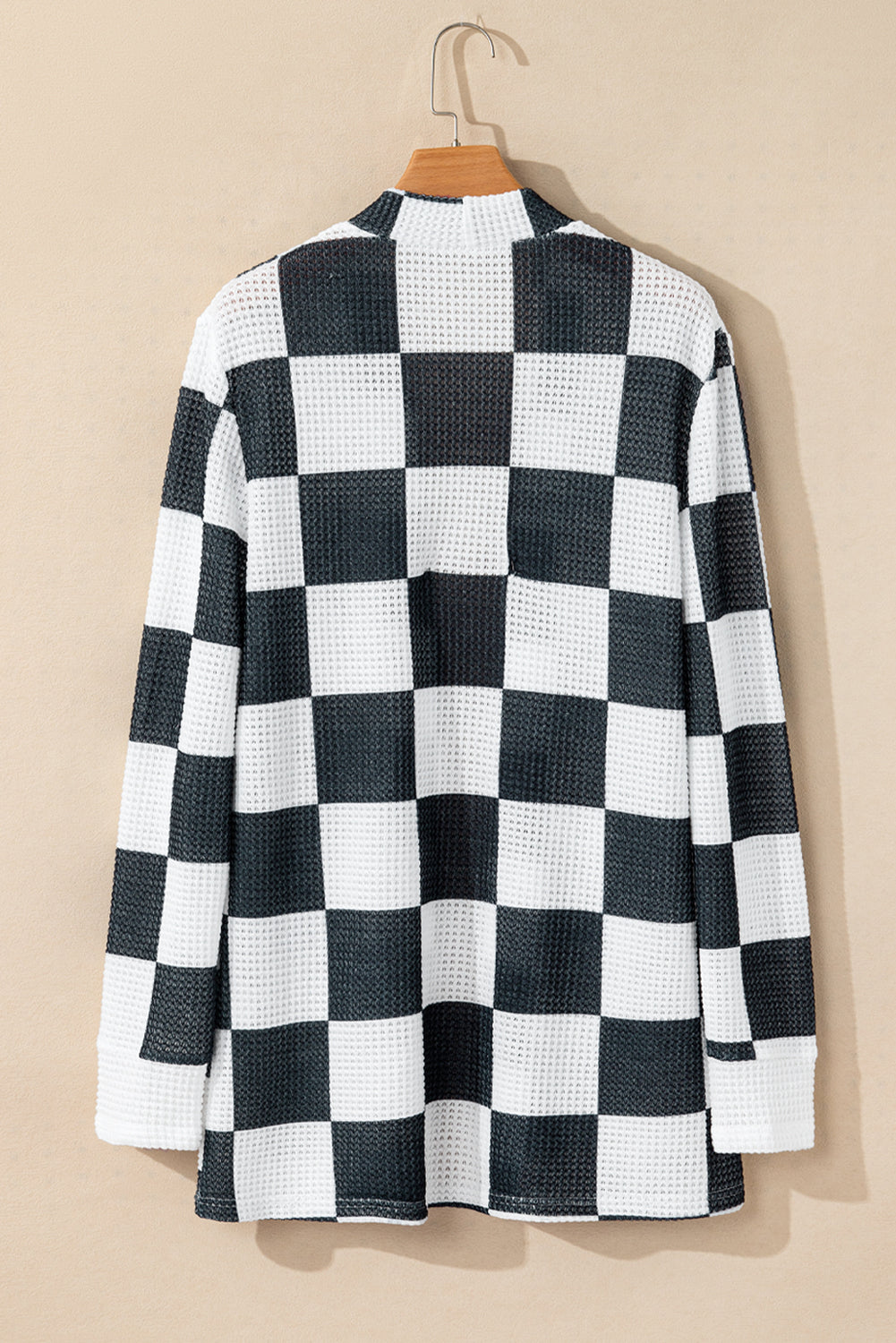 Blue Zone Planet | Black Checkered Waffle Knit Thumbhole Long Sleeve Cardigan-Cardigans-[Adult]-[Female]-2022 Online Blue Zone Planet