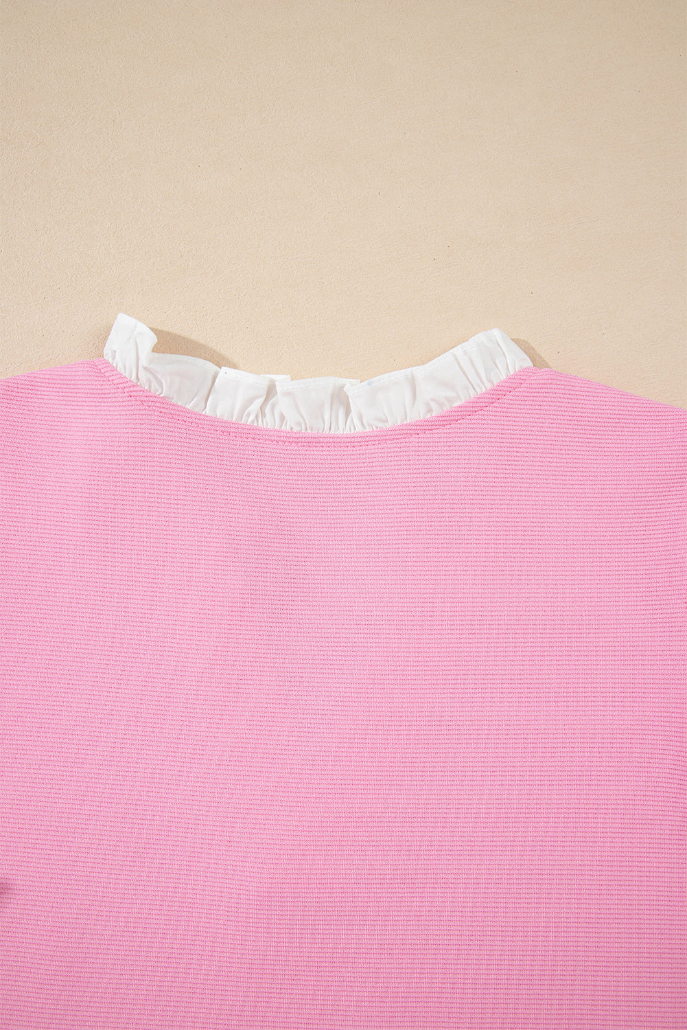Pink Contrast V Neck Ruffled Textured Knit Top-Tops/Blouses & Shirts-[Adult]-[Female]-2022 Online Blue Zone Planet