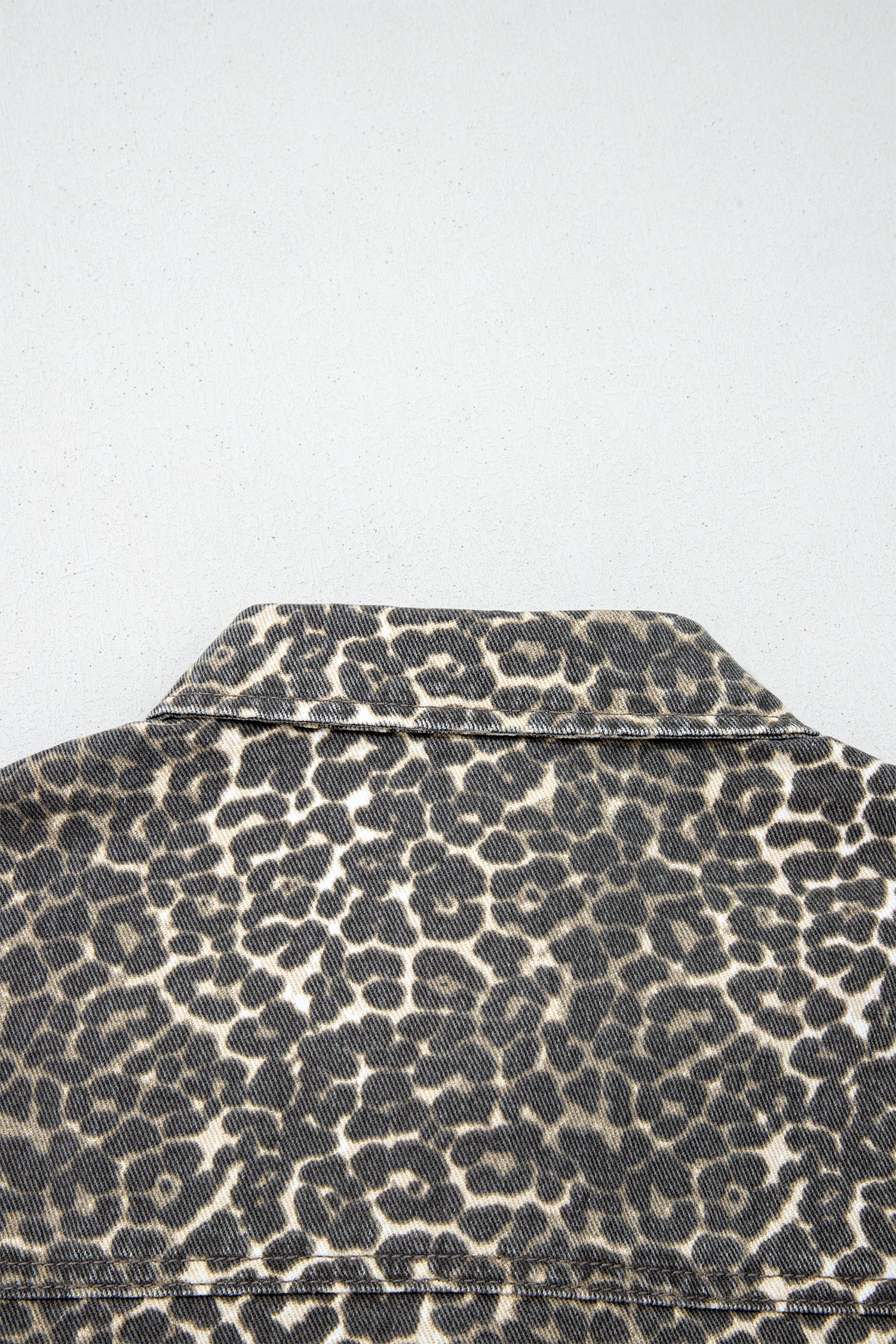 Gray Vintage Leopard Print Short Sleeve Loose Cotton Denim Shirt-Tops/Blouses & Shirts-[Adult]-[Female]-2022 Online Blue Zone Planet