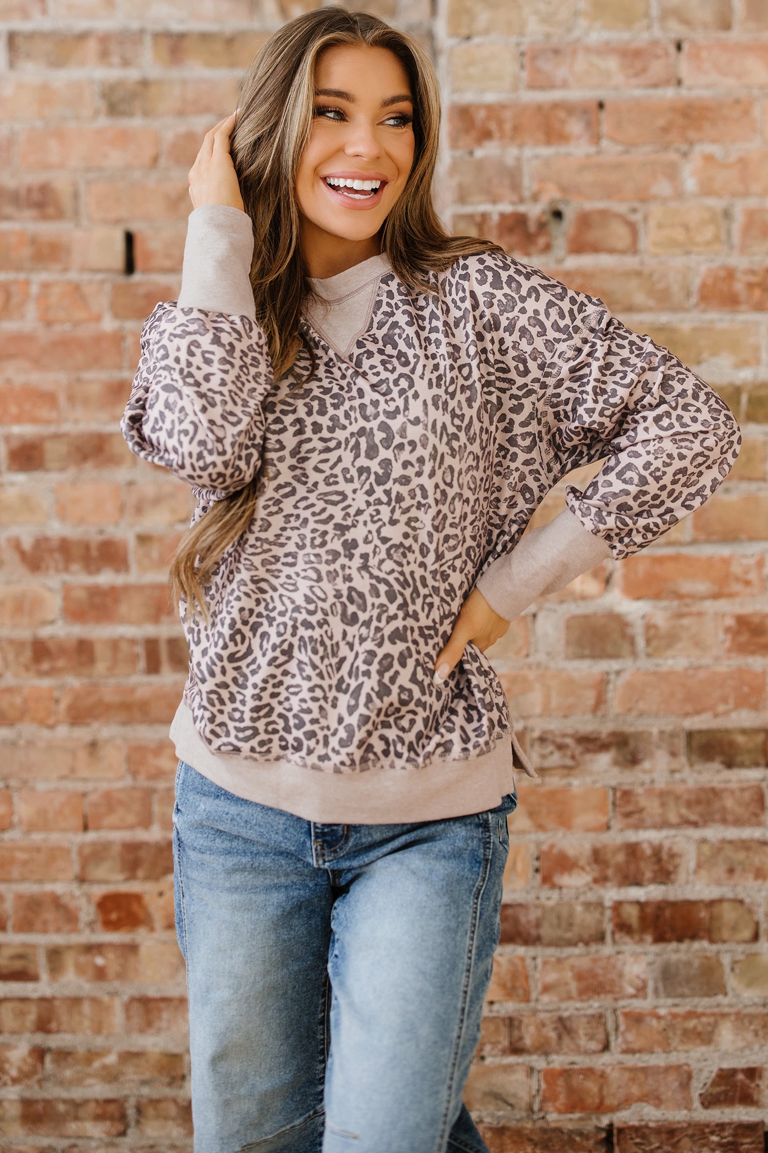 Pink Leopard Print Patchwork Crew Neck Sweatshirt-Tops/Sweatshirts & Hoodies-[Adult]-[Female]-2022 Online Blue Zone Planet