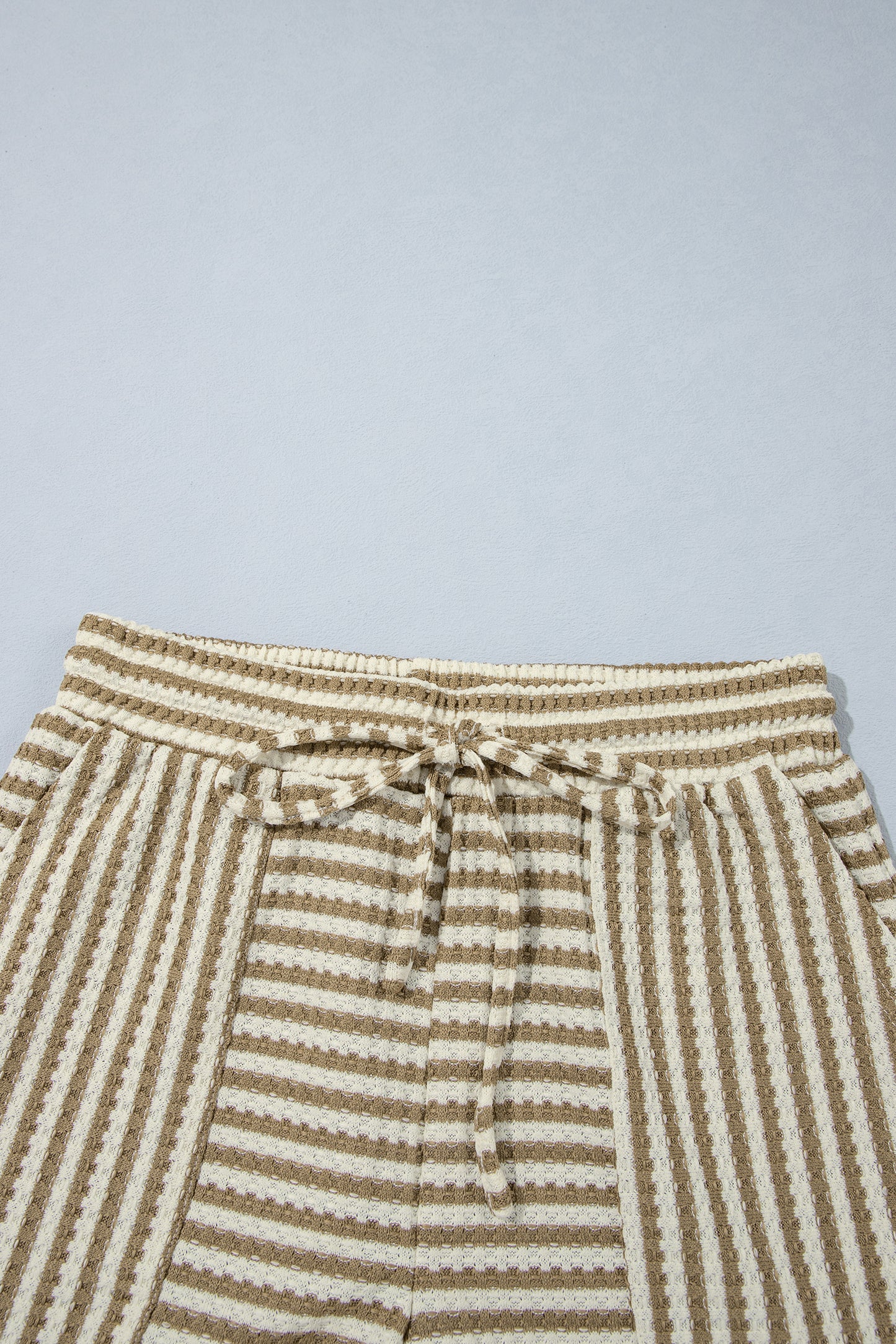 Brown Stripe Textured Knit Long Sleeve Top Elastic Waist Shorts Casual Outfit-Two Piece Sets/Short Sets-[Adult]-[Female]-2022 Online Blue Zone Planet