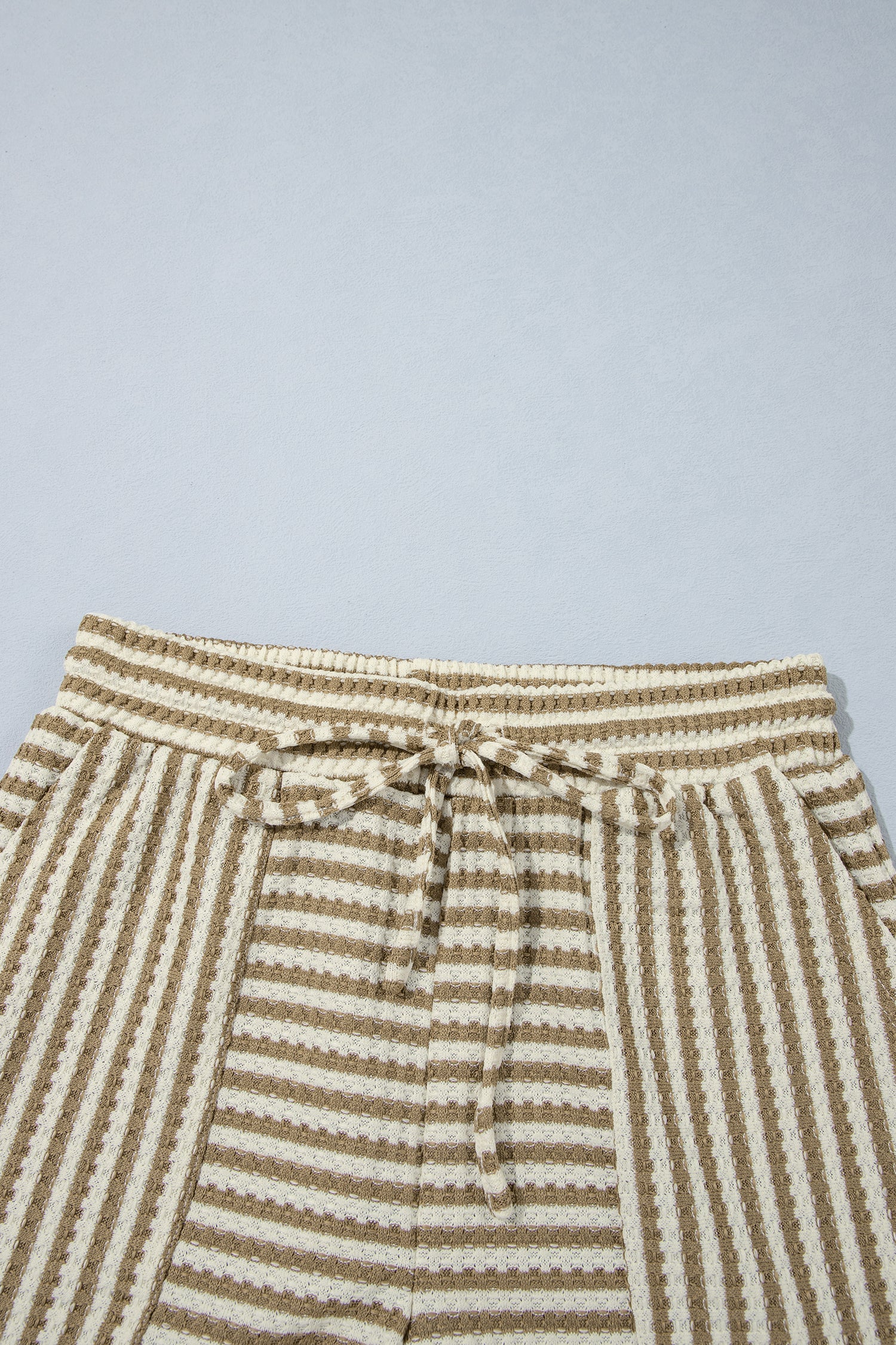 Brown Stripe Textured Knit Long Sleeve Top Elastic Waist Shorts Casual Outfit-Two Piece Sets/Short Sets-[Adult]-[Female]-2022 Online Blue Zone Planet
