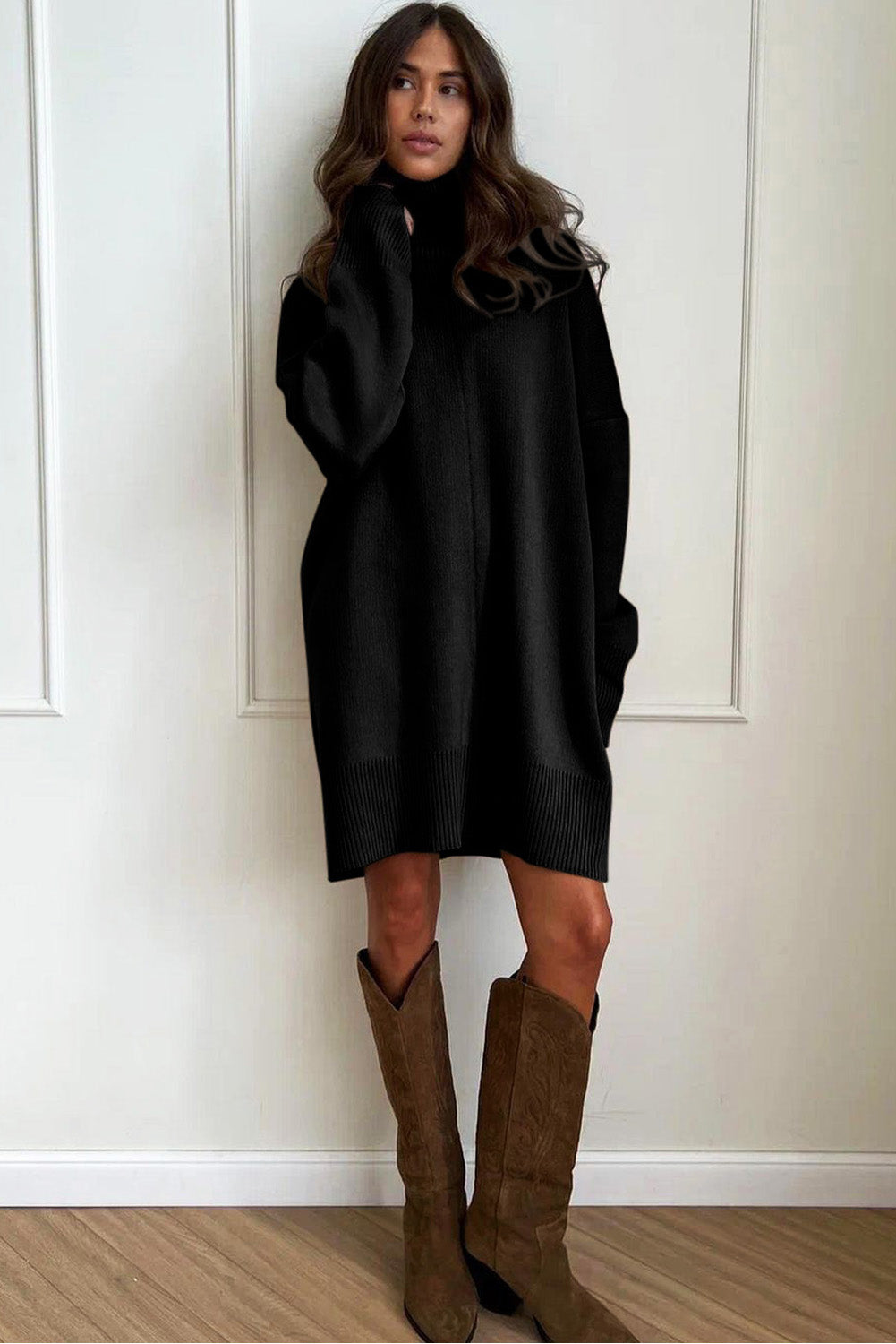 Black Solid Color Turtleneck Drop Shoulder Loose Sweater Dress-TOPS / DRESSES-[Adult]-[Female]-2022 Online Blue Zone Planet