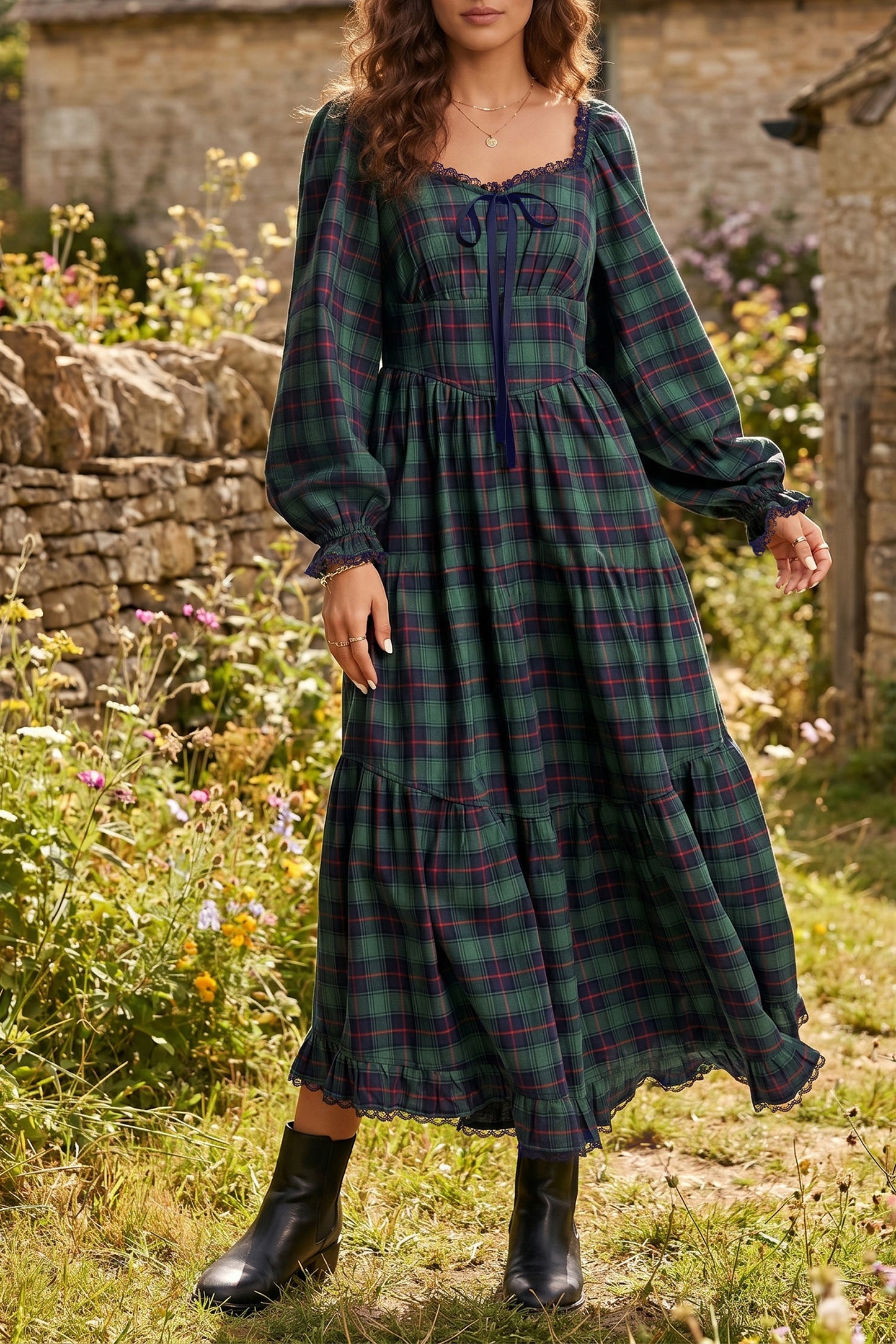 Green Vintage Plaid Square Neck Lace Trim Long Sleeve Shift Dress