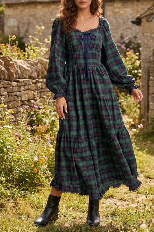 Green Vintage Plaid Square Neck Lace Trim Long Sleeve Shift Dress-Dresses/Maxi Dresses-[Adult]-[Female]-Green-S-2022 Online Blue Zone Planet