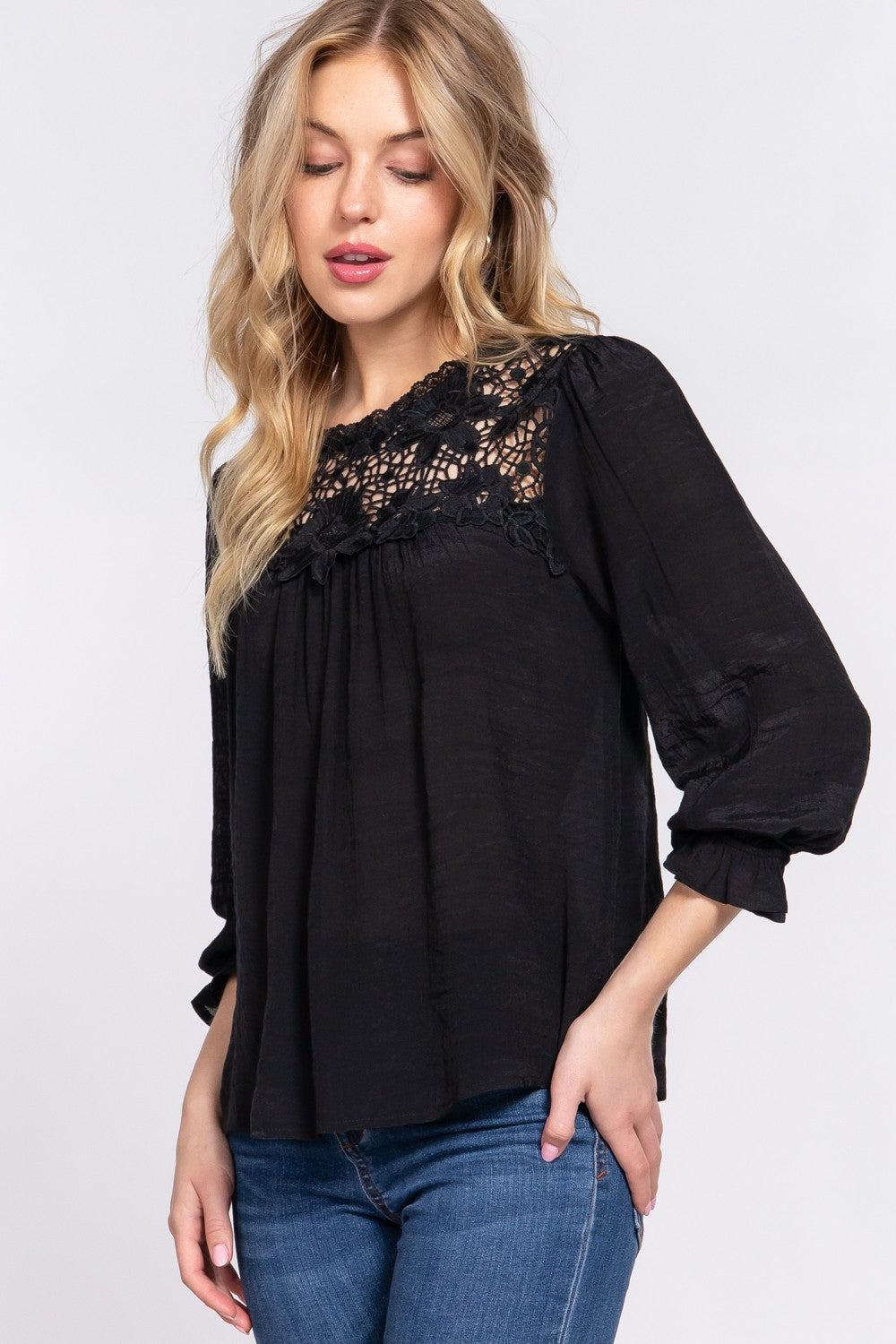 ACTIVE BASIC Crochet Lace Panel Flounce Sleeve Blouse-TOPS / DRESSES-[Adult]-[Female]-2022 Online Blue Zone Planet