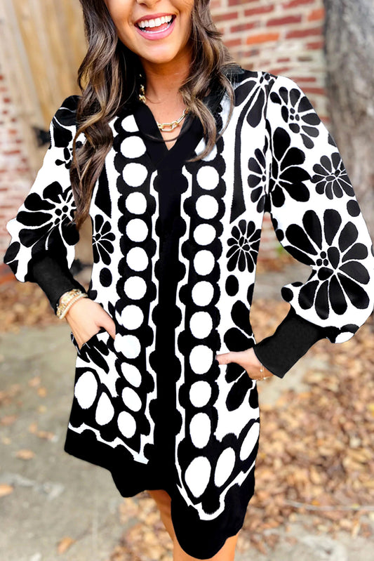 Black Abstract Print V Neck Puff Sleeve Mini Dress-Short Dresses-[Adult]-[Female]-Black-L-2022 Online Blue Zone Planet