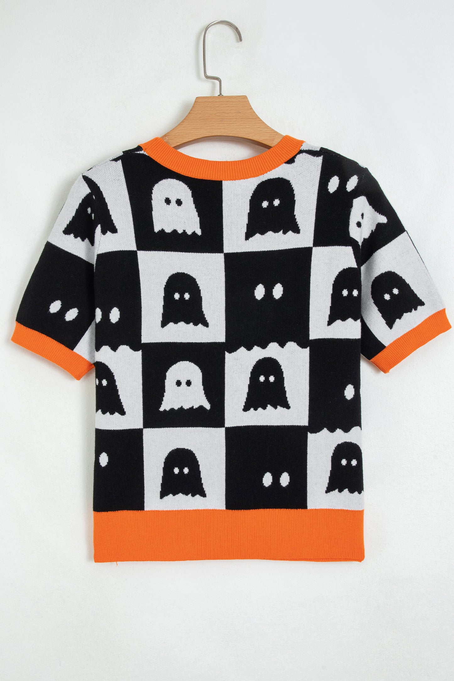 White Geometric Ghost Color Block Trim Short Sleeve Knit Sweater-TOPS / DRESSES-[Adult]-[Female]-2022 Online Blue Zone Planet
