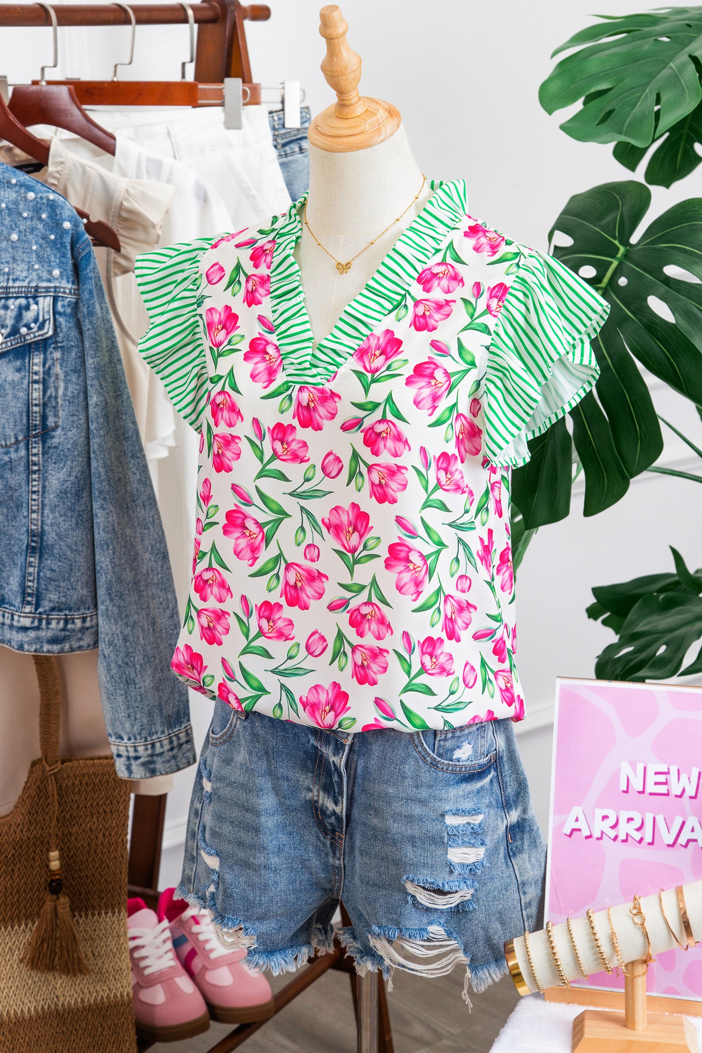 Multicolour Sweet Floral Print Striped Ruffle Trim V Neck Blouse-Tops/Blouses & Shirts-[Adult]-[Female]-2022 Online Blue Zone Planet