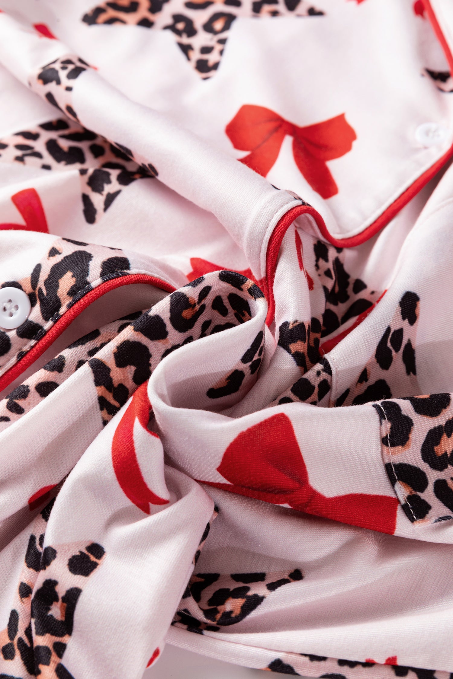 White Leopard Star Ribbon Bow Print Contrast Trim Short Pajama Set-Loungewear & Sleepwear/Sleepwear-[Adult]-[Female]-2022 Online Blue Zone Planet