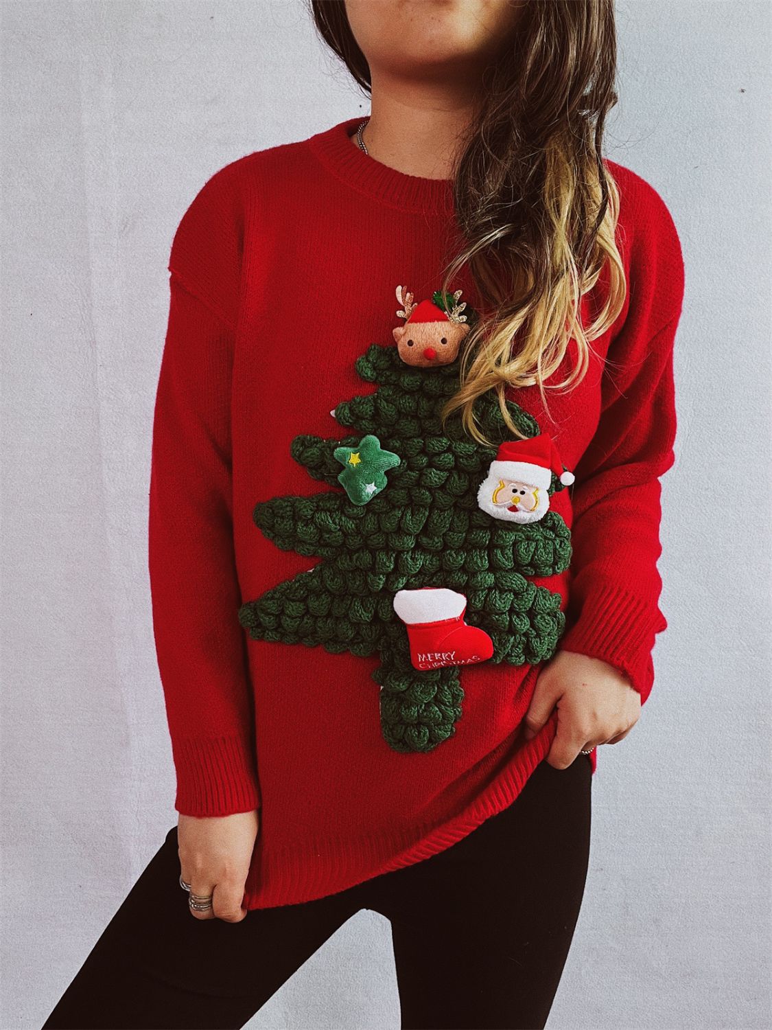 Christmas Tree Round Neck Long Sleeve Sweater-TOPS / DRESSES-[Adult]-[Female]-Deep Red-One Size-2022 Online Blue Zone Planet