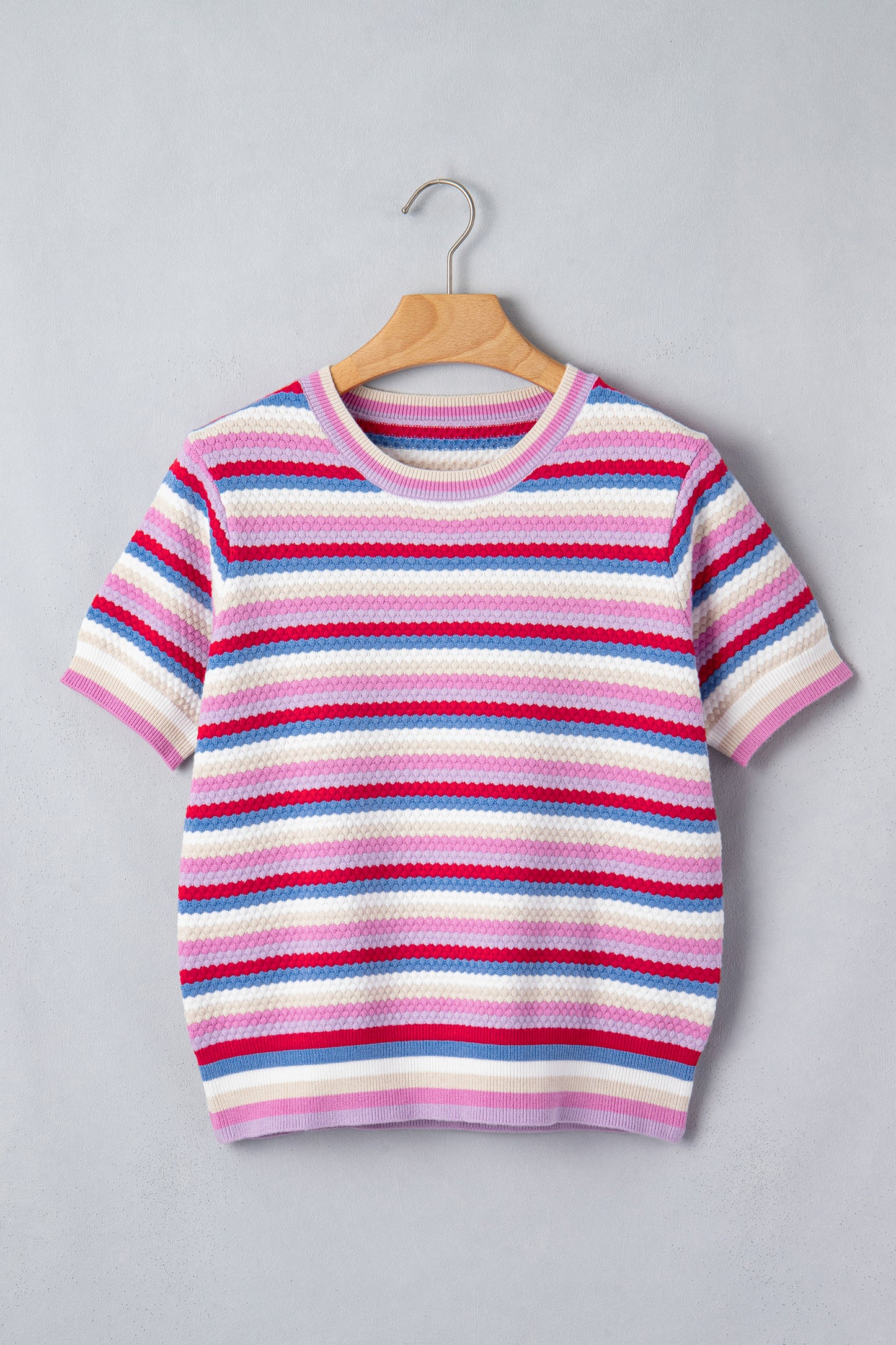 Multicolour Textured Stripes Knit Short Sleeve Sweater-Sweaters & Cardigans/Short Sleeve Sweaters-[Adult]-[Female]-2022 Online Blue Zone Planet