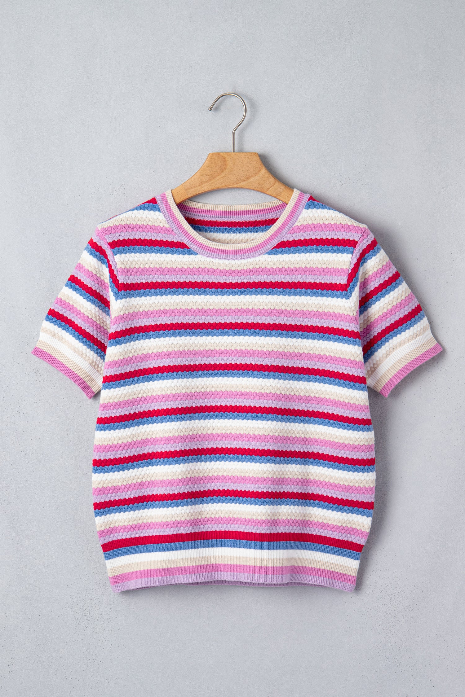 Multicolour Textured Stripes Knit Short Sleeve Sweater-Sweaters & Cardigans/Short Sleeve Sweaters-[Adult]-[Female]-2022 Online Blue Zone Planet