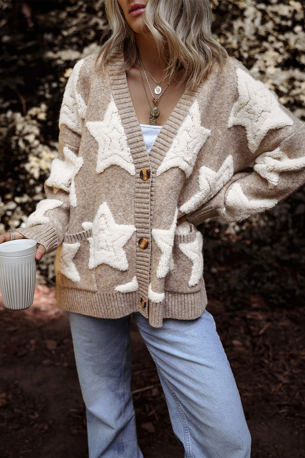 Blue Zone Planet | Pink Sherpa Star Pattern Textured Sweater Cardigan with Pockets-Sweaters & Cardigans/Cardigans-[Adult]-[Female]-2022 Online Blue Zone Planet