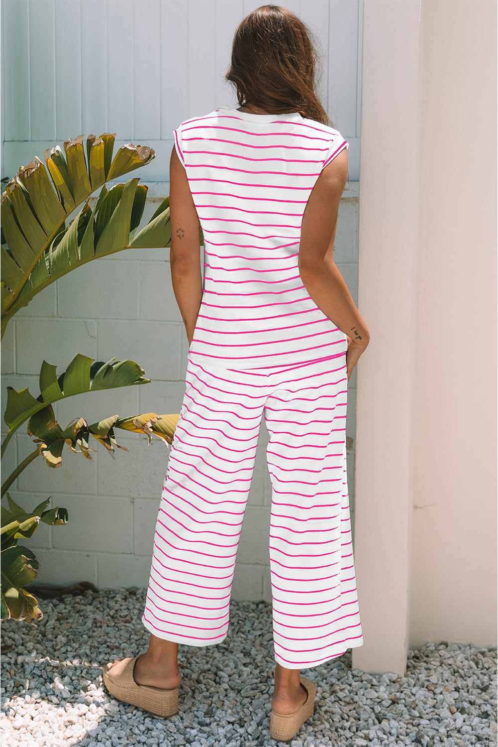 Rose Stripe Casual Wide Leg 2pcs Pants Set-Two Piece Sets/Pant Sets-[Adult]-[Female]-2022 Online Blue Zone Planet