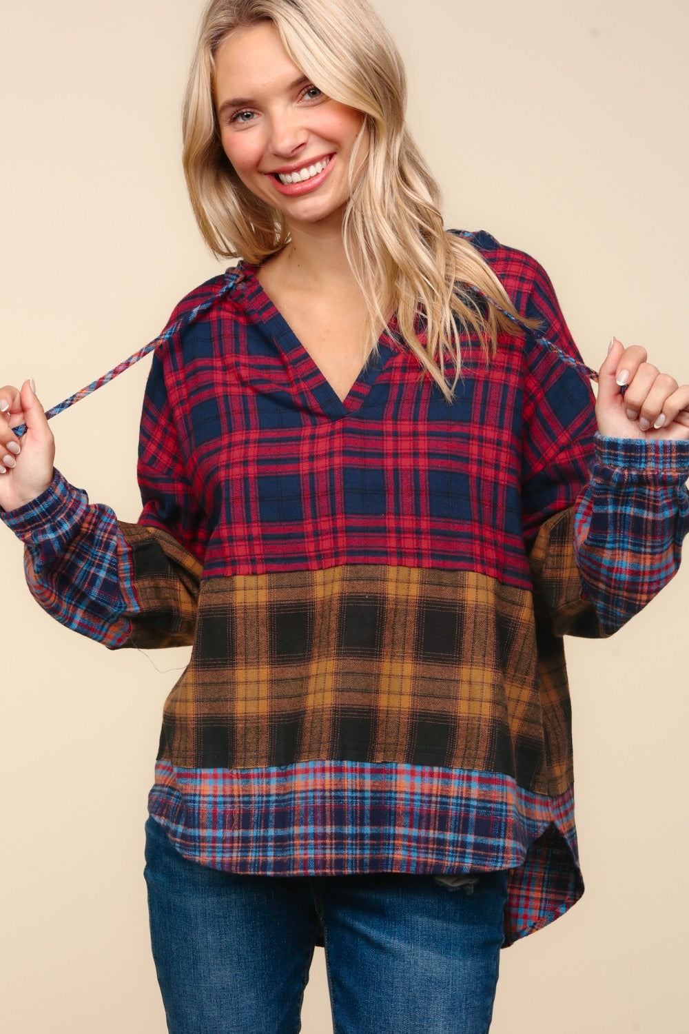 Blue Zone Planet | Haptics Plaid Edge Cut Detail Hooded Top-TOPS / DRESSES-[Adult]-[Female]-2022 Online Blue Zone Planet