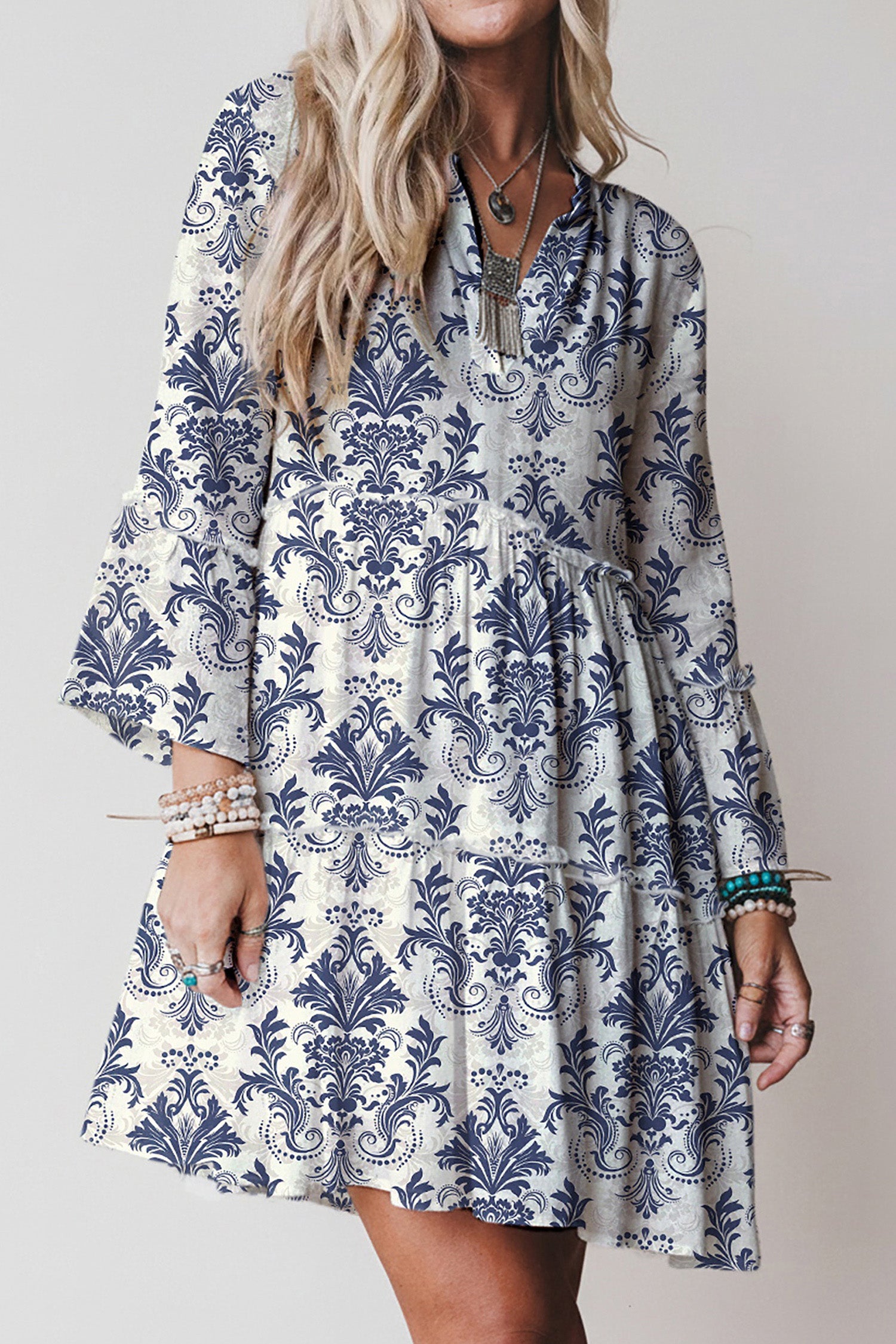 Sky Blue Boho Floral Print Lettuce Trim 3/4 Sleeve Mini Dress-TOPS / DRESSES-[Adult]-[Female]-Sky Blue-S-2022 Online Blue Zone Planet
