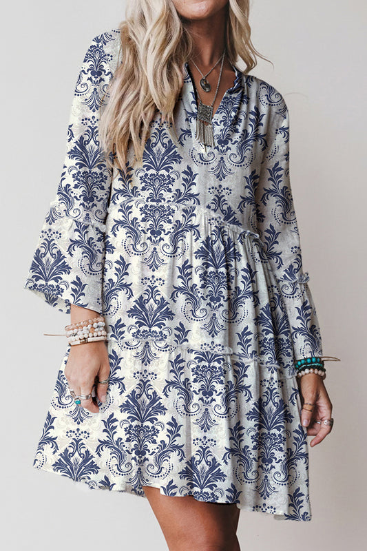 Sky Blue Boho Floral Print Lettuce Trim 3/4 Sleeve Mini Dress-TOPS / DRESSES-[Adult]-[Female]-Sky Blue-S-2022 Online Blue Zone Planet