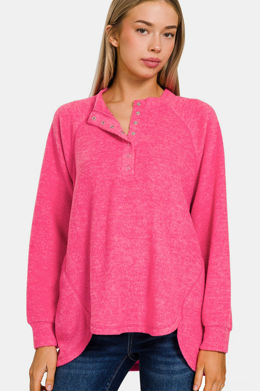 Zenana Brushed Melange Hacci High-Low Sweater-TOPS / DRESSES-[Adult]-[Female]-Fuchsia-S/M-2022 Online Blue Zone Planet