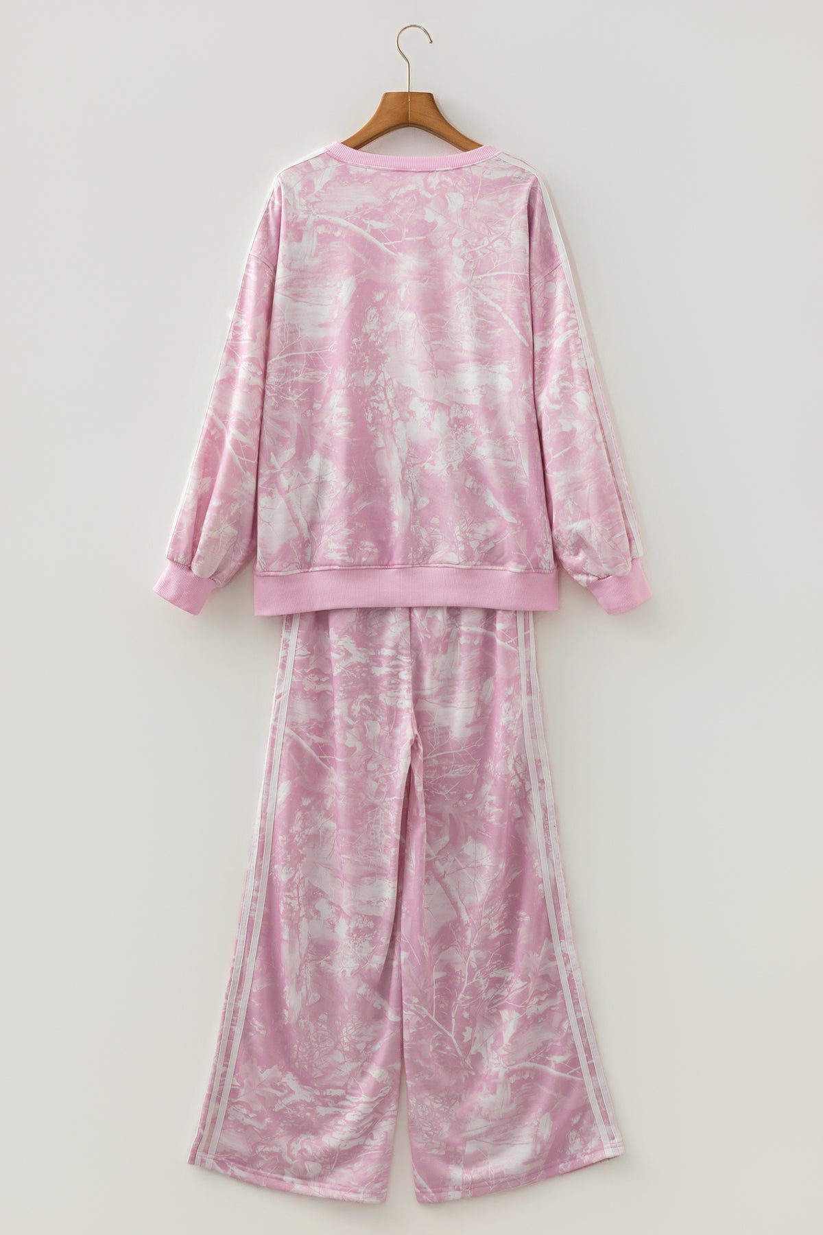 Pink Abstract Print Side Stripe Detail Long Sleeve Top Loose Pants Set