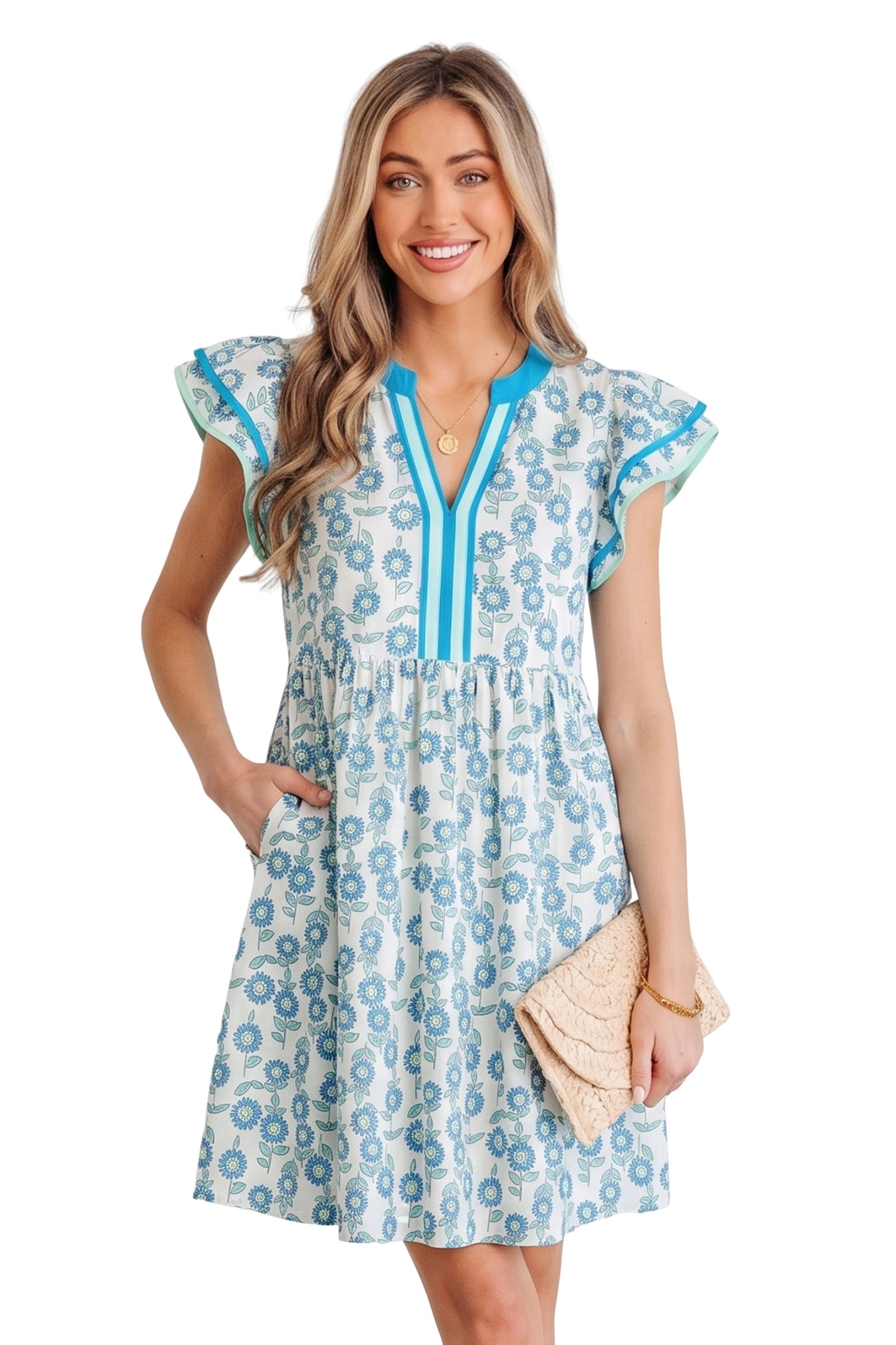 Sky Blue Floral Print Contrast Trim Flutter Sleeve Mini Dress-TOPS / DRESSES-[Adult]-[Female]-2022 Online Blue Zone Planet