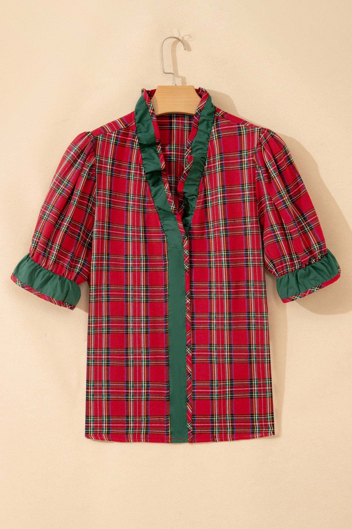 Red Plaid V Neck Ruffle Color Block Trim Short Sleeve Shirt