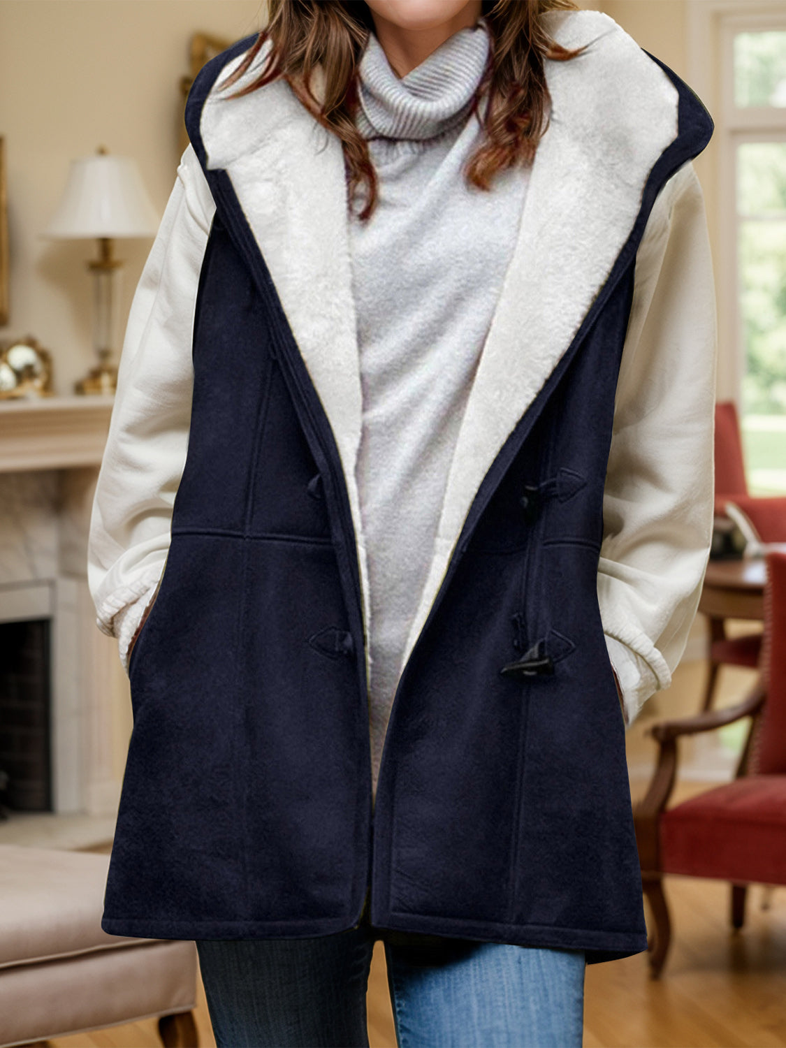 Fuzzy Hooded Vest Coat with Pockets-TOPS / DRESSES-[Adult]-[Female]-Navy-S-2022 Online Blue Zone Planet