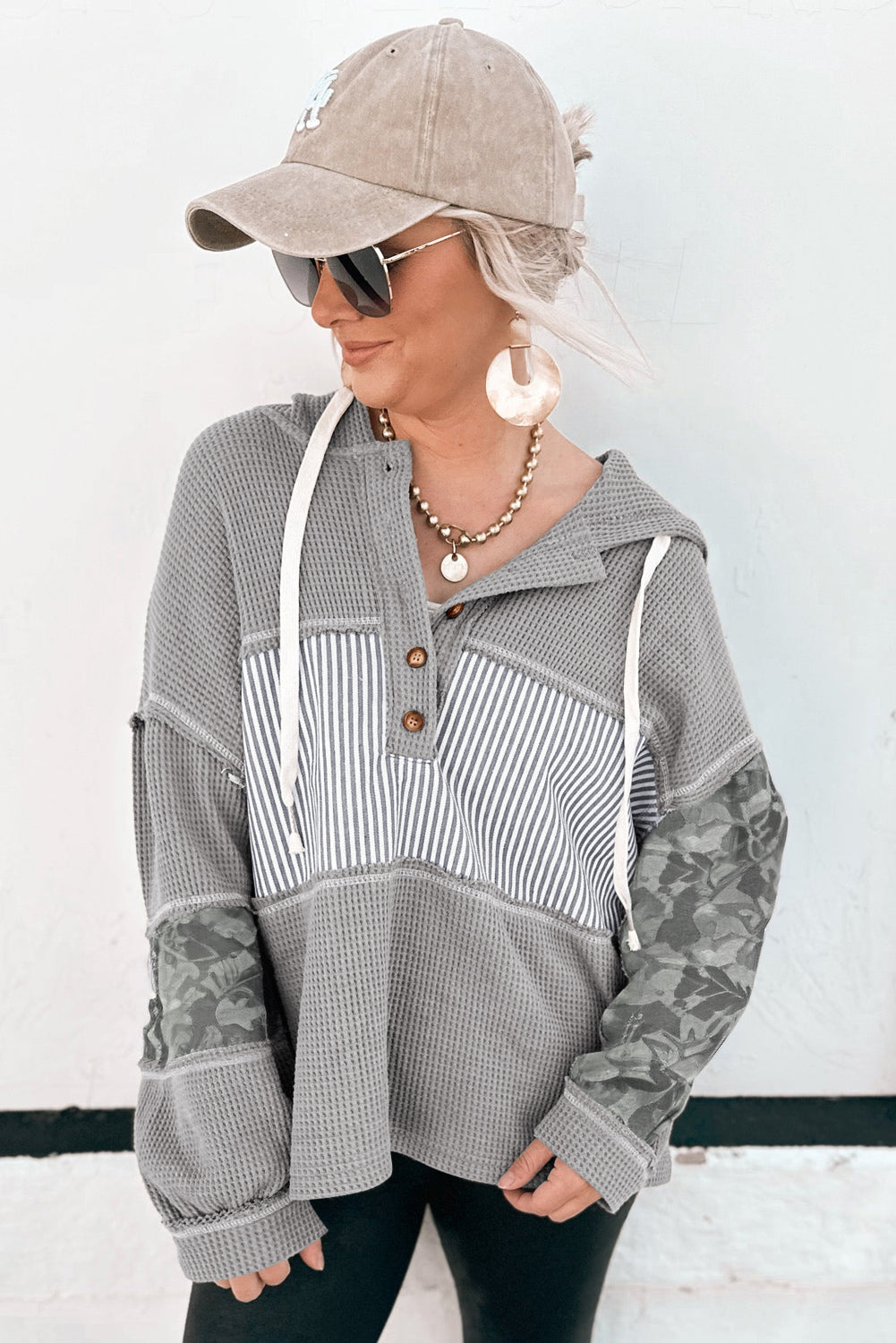 Gray Waffle Printed Patchwork Drawstring Hooded Long Sleeve Top-Tops / Dresses-[Adult]-[Female]-2022 Online Blue Zone Planet