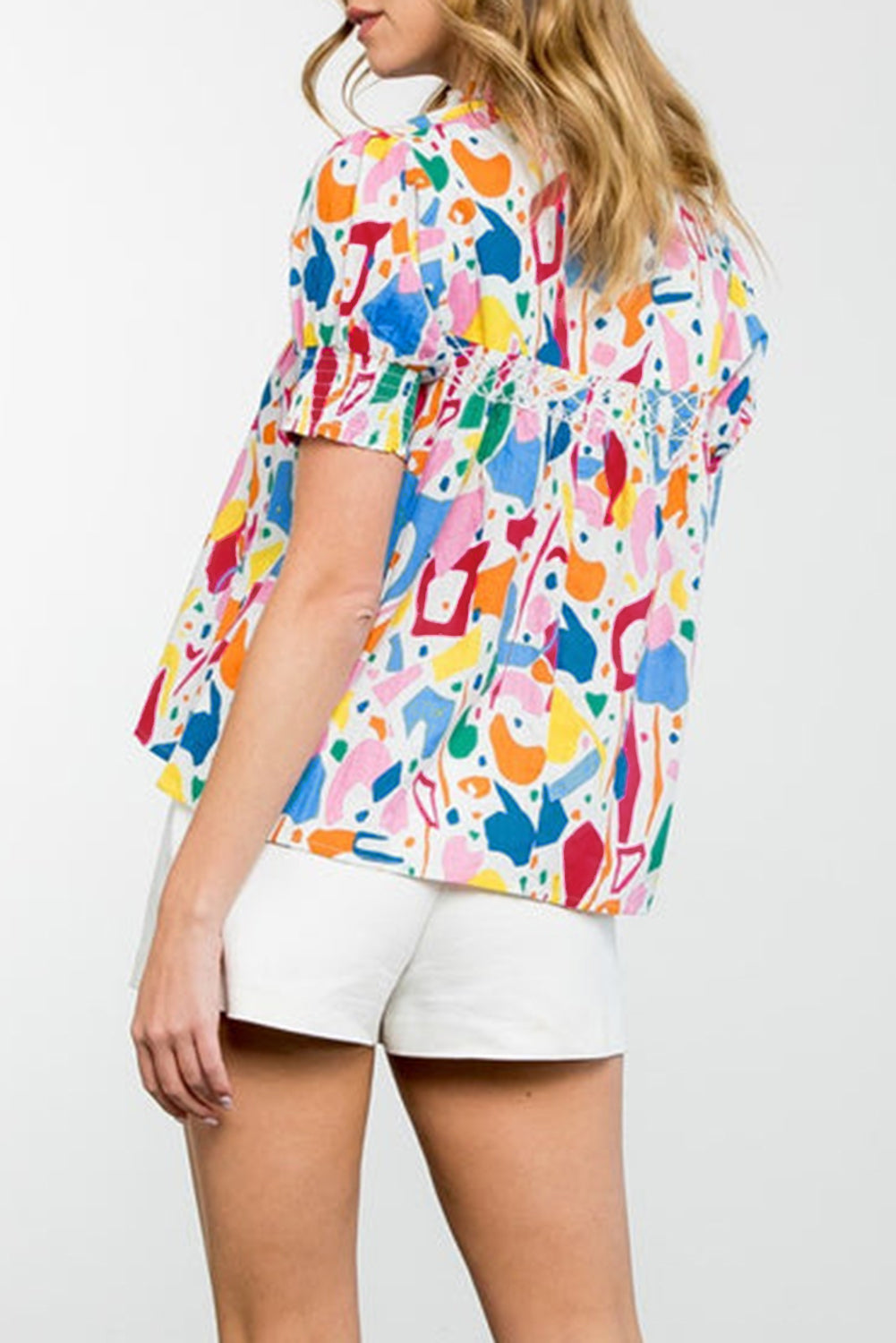 White Abstract Print Shirred Cuff Puff Sleeve Plus Size Blouse-Plus Size/Plus Size Tops/Plus Size Blouses & Shirts-[Adult]-[Female]-2022 Online Blue Zone Planet