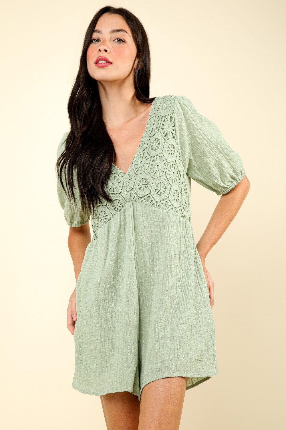 VERY J Lace Detail Puff Sleeve Romper with Pockets-TOPS / DRESSES-[Adult]-[Female]-Sage-S-2022 Online Blue Zone Planet