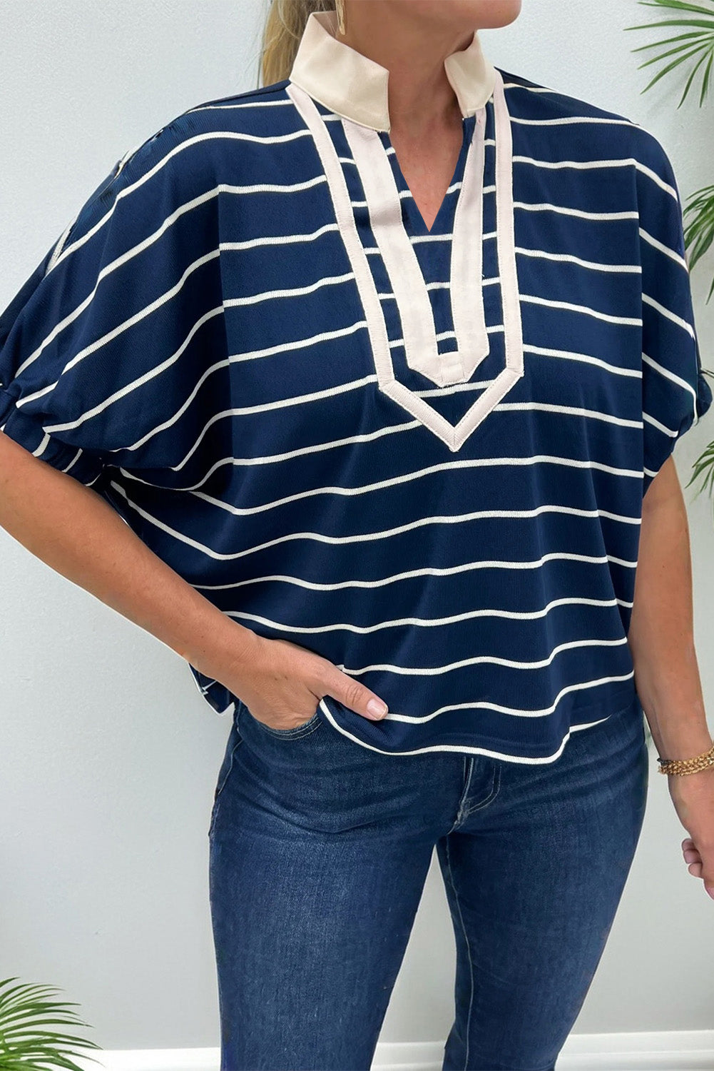 Blue Stripe Stand Collar V Neck Elastic Cuffs Half Sleeve Dolman Top-Tops/Tops & Tees-[Adult]-[Female]-Blue Stripe-S-2022 Online Blue Zone Planet