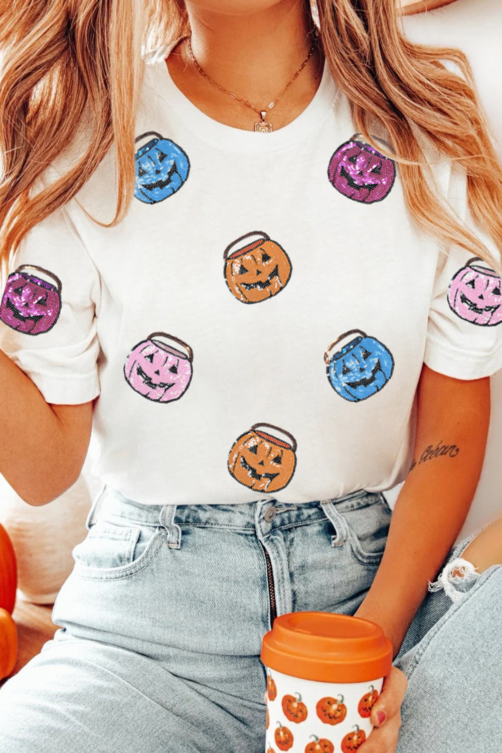 White Sequin Pumpkin Face Patched Crew Neck Holiday T Shirt-Graphic/Graphic Tees-[Adult]-[Female]-2022 Online Blue Zone Planet