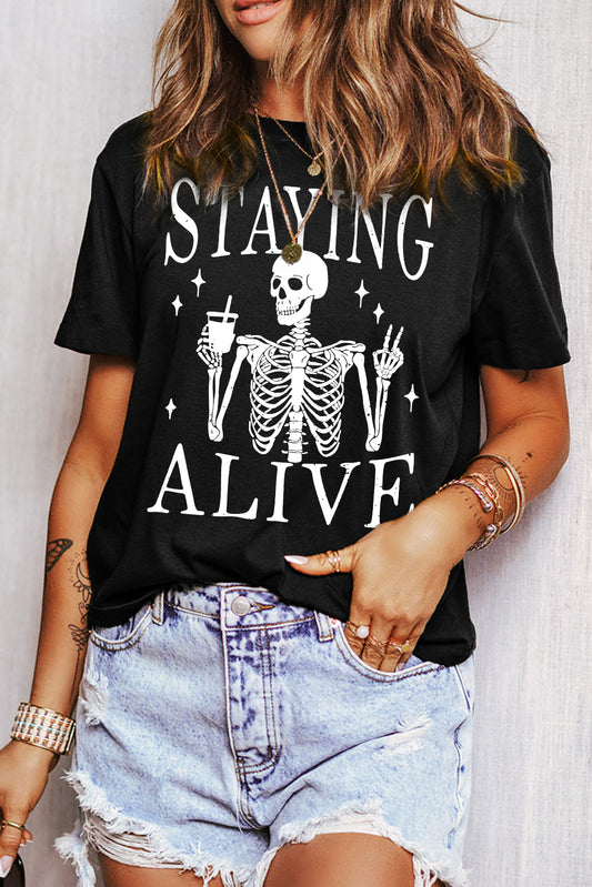 Black Staying Alive Funny Skeleton Print Round Neck T Shirt-Graphic/Graphic Tees-[Adult]-[Female]-Black-S-2022 Online Blue Zone Planet