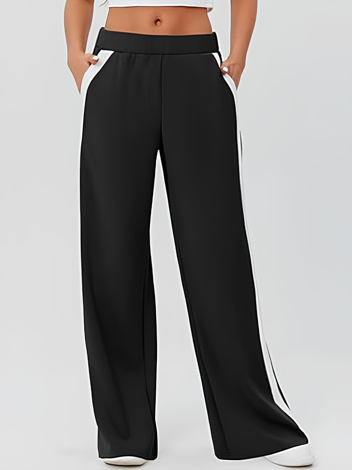 Side Striped Wide Leg Pants-BOTTOMS SIZES SMALL MEDIUM LARGE-[Adult]-[Female]-Black-S-2022 Online Blue Zone Planet