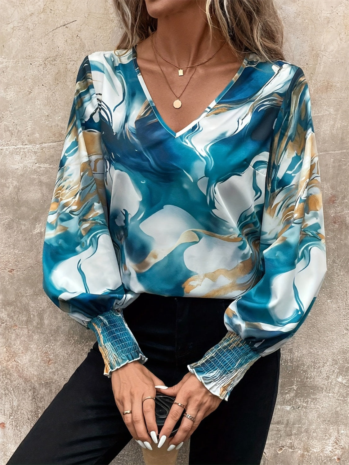 Tie-Dye V-Neck Long Sleeve Blouse-TOPS / DRESSES-[Adult]-[Female]-2022 Online Blue Zone Planet