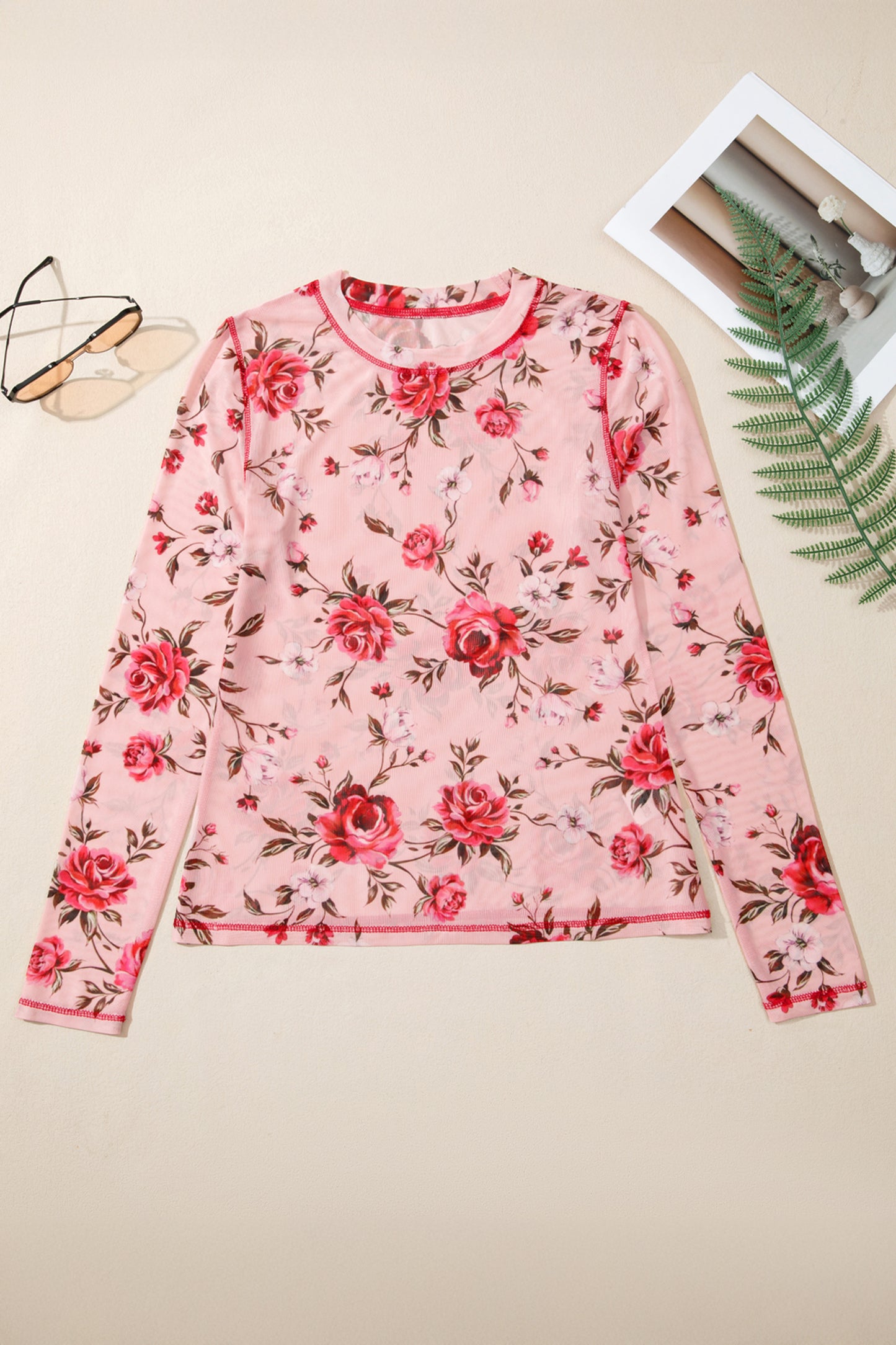 Pink Floral Print Exposed Seam Detail Mesh Long Sleeve Top-Tops/Long Sleeve Tops-[Adult]-[Female]-2022 Online Blue Zone Planet