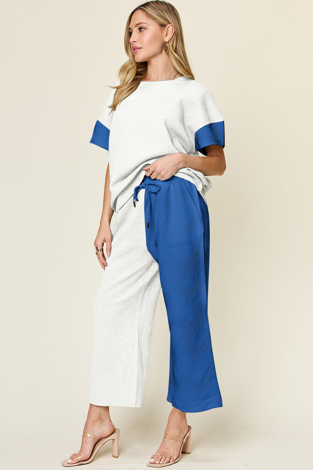 Blue Zone Planet | Double Take Full Size Texture Contrast T-Shirt and Wide Leg Pants Set-TOPS / DRESSES-[Adult]-[Female]-2022 Online Blue Zone Planet