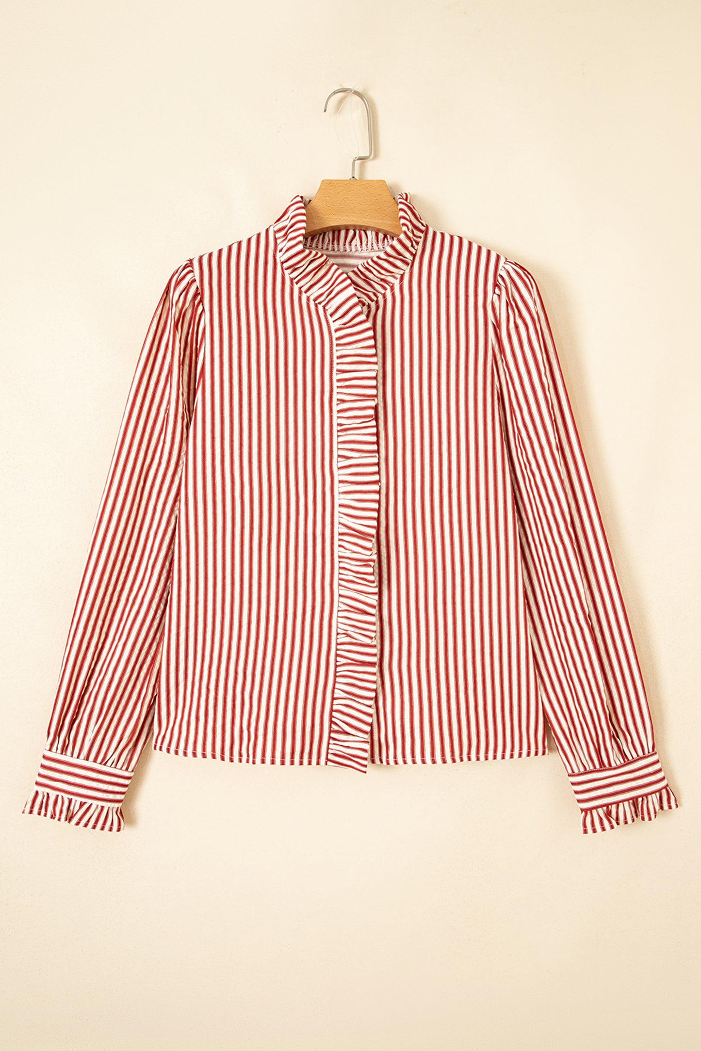 Red Stripe Textured Ruffle Trim Button-Up Long Sleeve Shirt-Tops/Blouses & Shirts-[Adult]-[Female]-2022 Online Blue Zone Planet