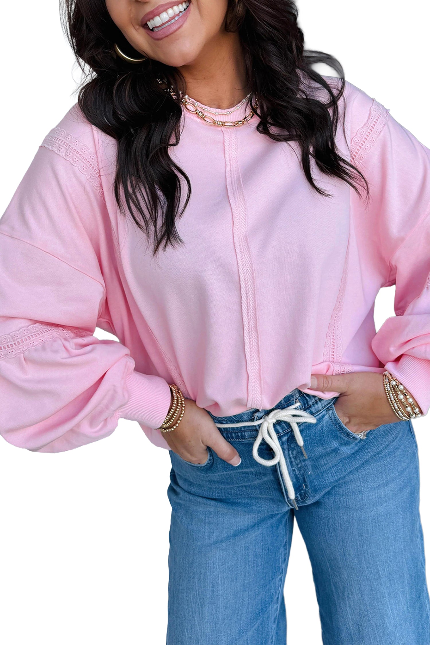 Pink Solid Color Raw Seam Lace Detail Loose Casual Sweatshirt-Tops/Sweatshirts & Hoodies-[Adult]-[Female]-2022 Online Blue Zone Planet