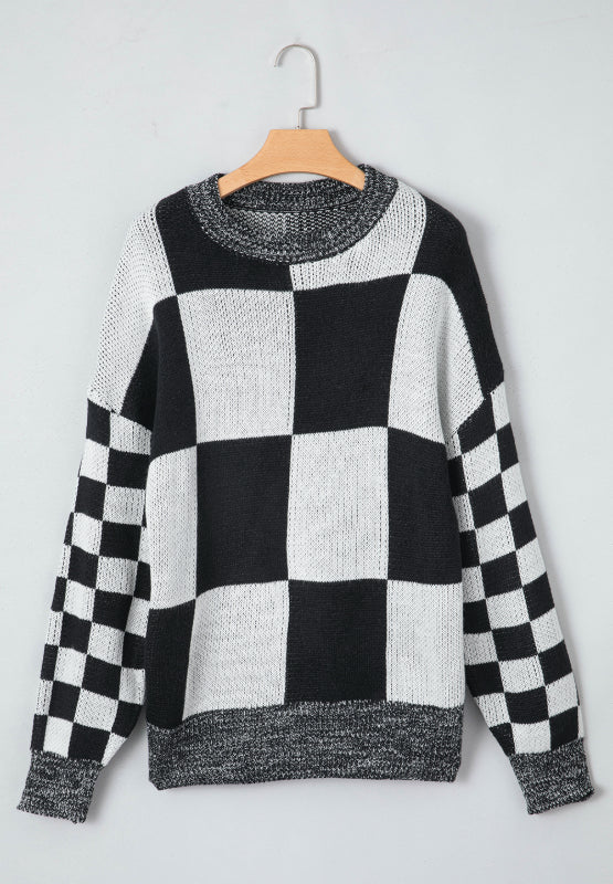 Checkered Round Neck Drop Shoulder Sweater-TOPS / DRESSES-[Adult]-[Female]-2022 Online Blue Zone Planet