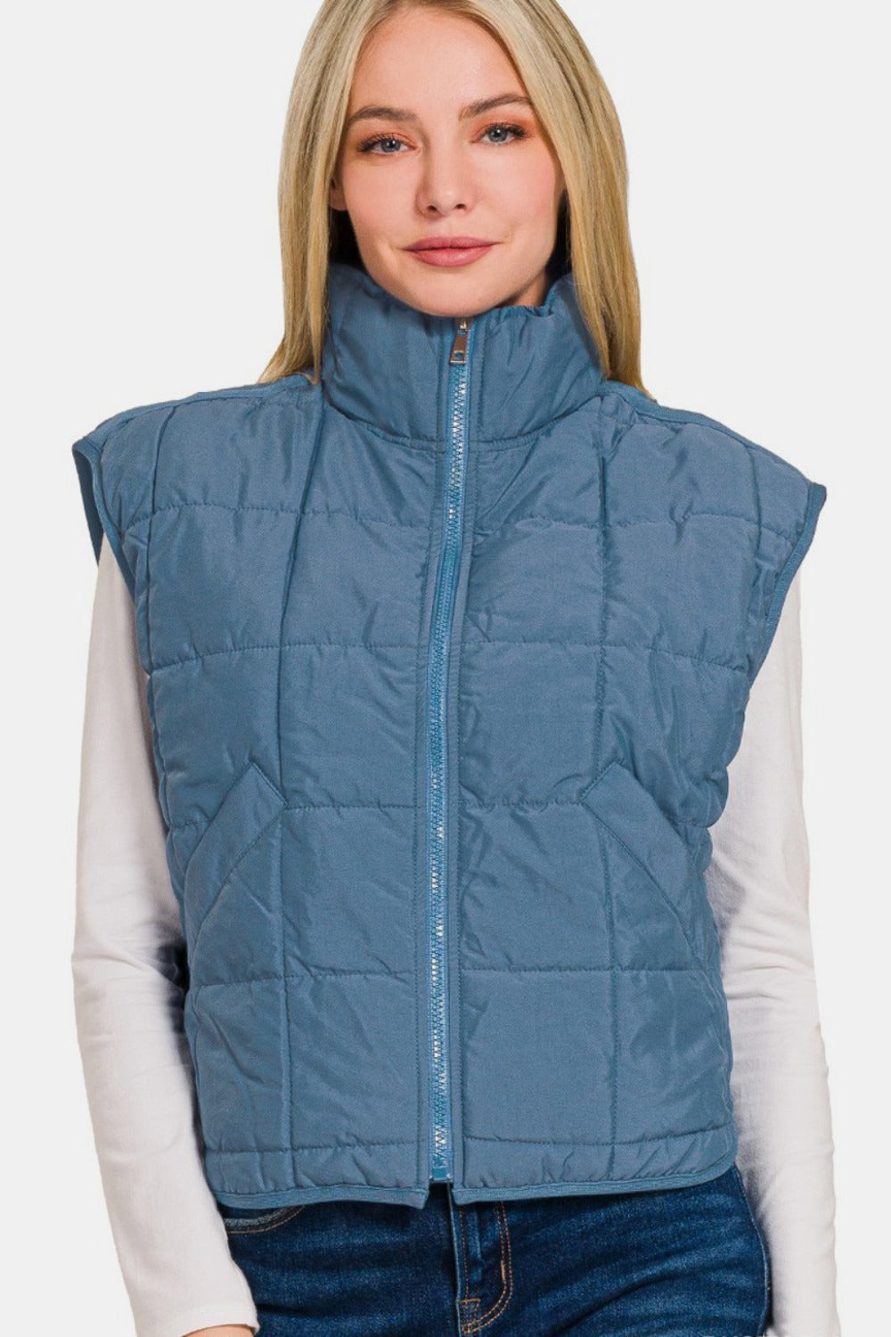 Zenana Zip Up Cropped Puffer Vest with Pockets-TOPS / DRESSES-[Adult]-[Female]-2022 Online Blue Zone Planet