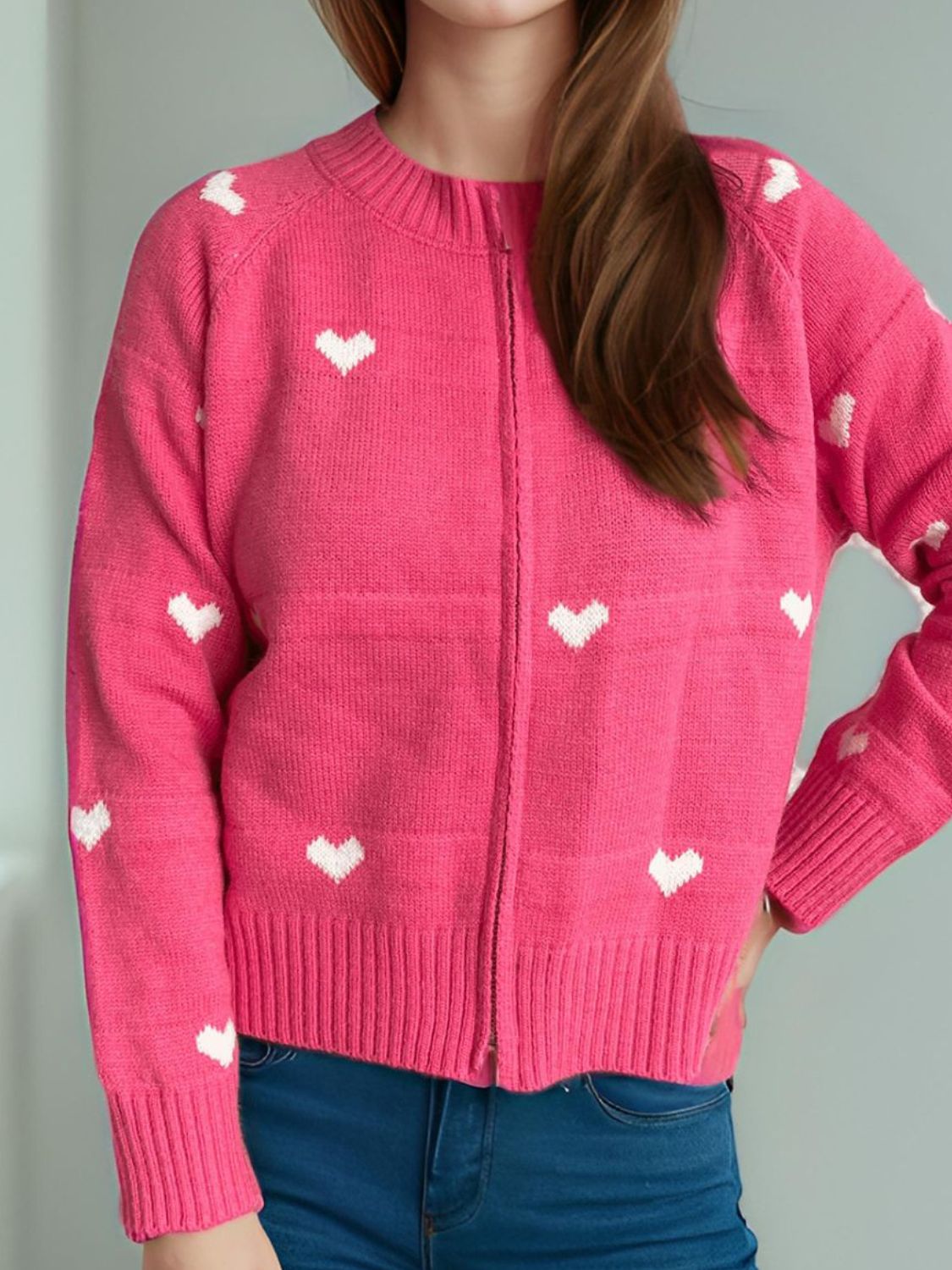 Heart Round Neck Zip Up Cardigan-NEW ARRIVALS-[Adult]-[Female]-2022 Online Blue Zone Planet