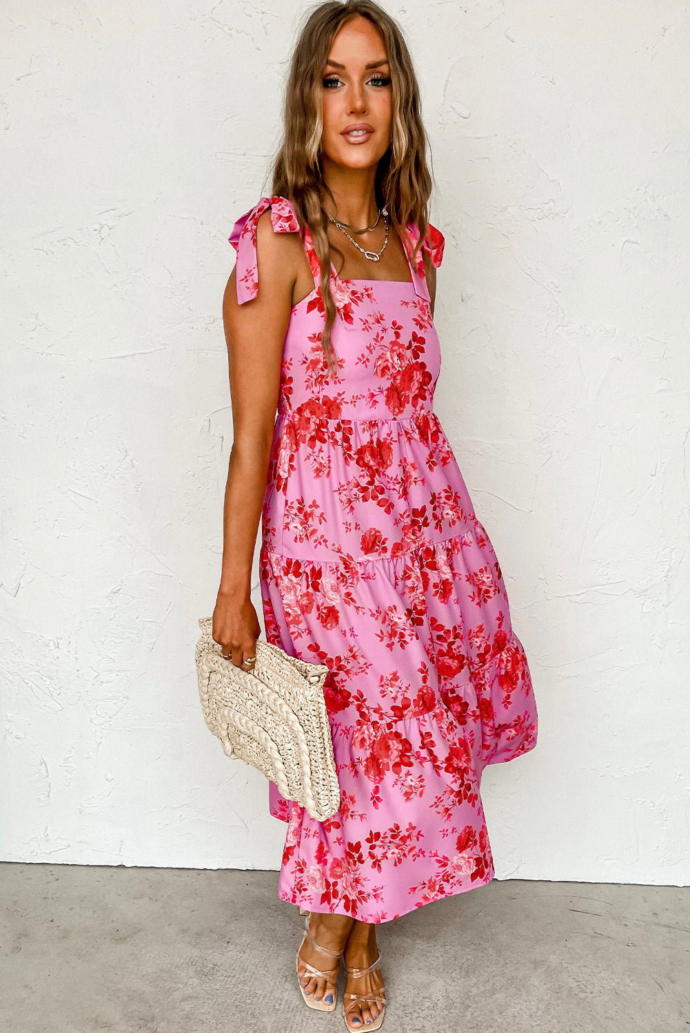 Pink Tie Shoulder Straps Tiered Floral Dress-Dresses/Floral Dresses-[Adult]-[Female]-2022 Online Blue Zone Planet