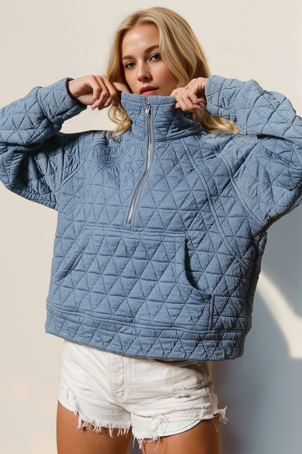 Blue Zone Planet | Double Take Half Zip Long Sleeve Quilted Sweatshirt with Pocket-TOPS / DRESSES-[Adult]-[Female]-Light Blue-S-2022 Online Blue Zone Planet