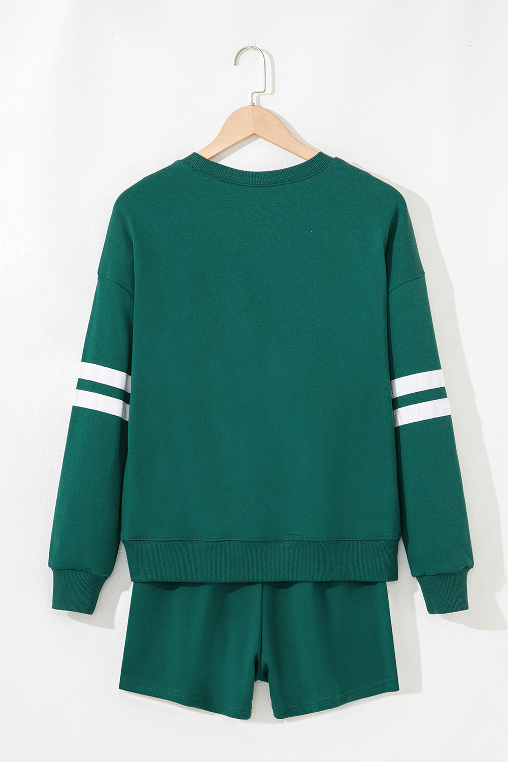 Fiery Red Varsity Striped Sleeve Drop Shoulder Sweatshirt and Short Set-Two Piece Sets/Short Sets-[Adult]-[Female]-2022 Online Blue Zone Planet